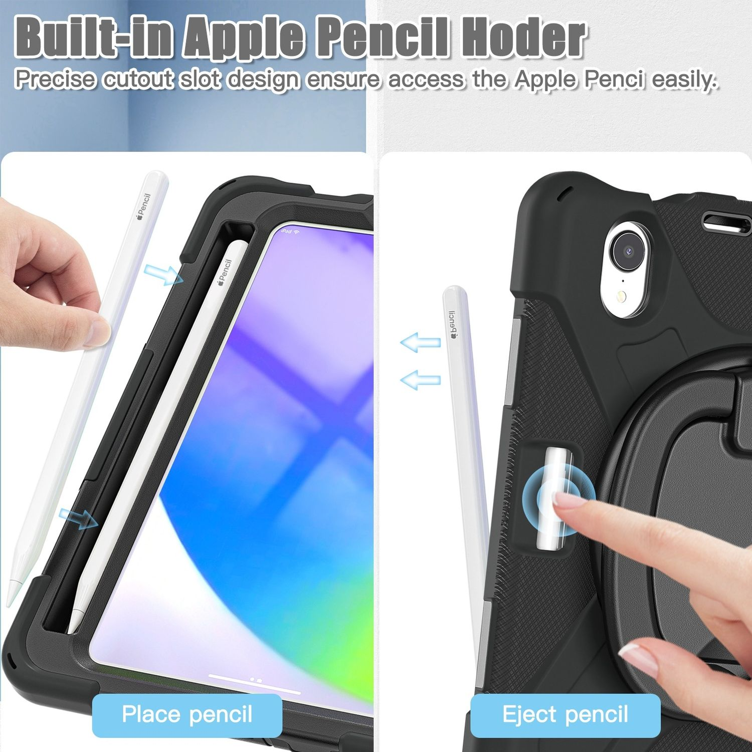 iPad mit Stift. Stift wird in das Gehäuse eingesetzt und ausgeworfen. Anweisungen sagen „Stift platzieren“ und „Stift auswerfen“.