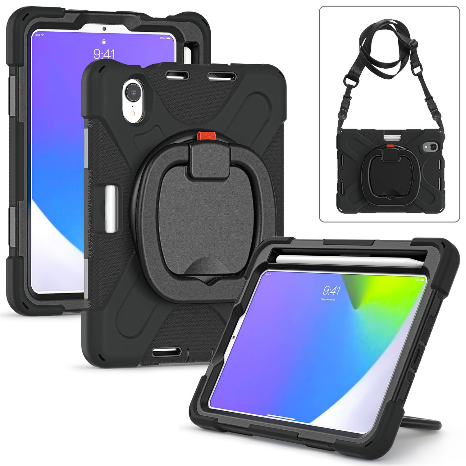Schwarze Tablethülle mit Handschlaufe, Ständer und Displayschutz, die verschiedene Nutzungswinkel zeigt.