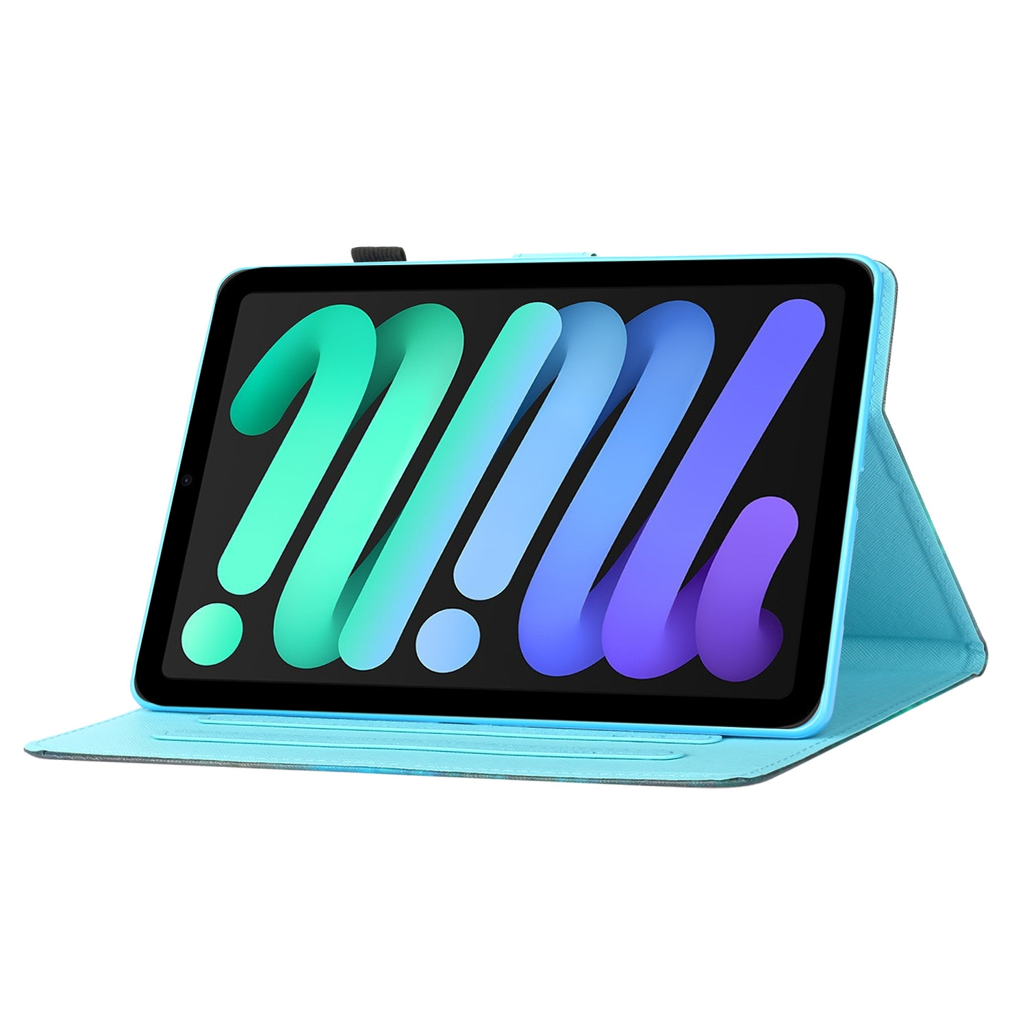 Ein blaues Tablet in einer blauen Hülle, geöffnet und aufgestellt. Der Bildschirm zeigt bunte Formen.