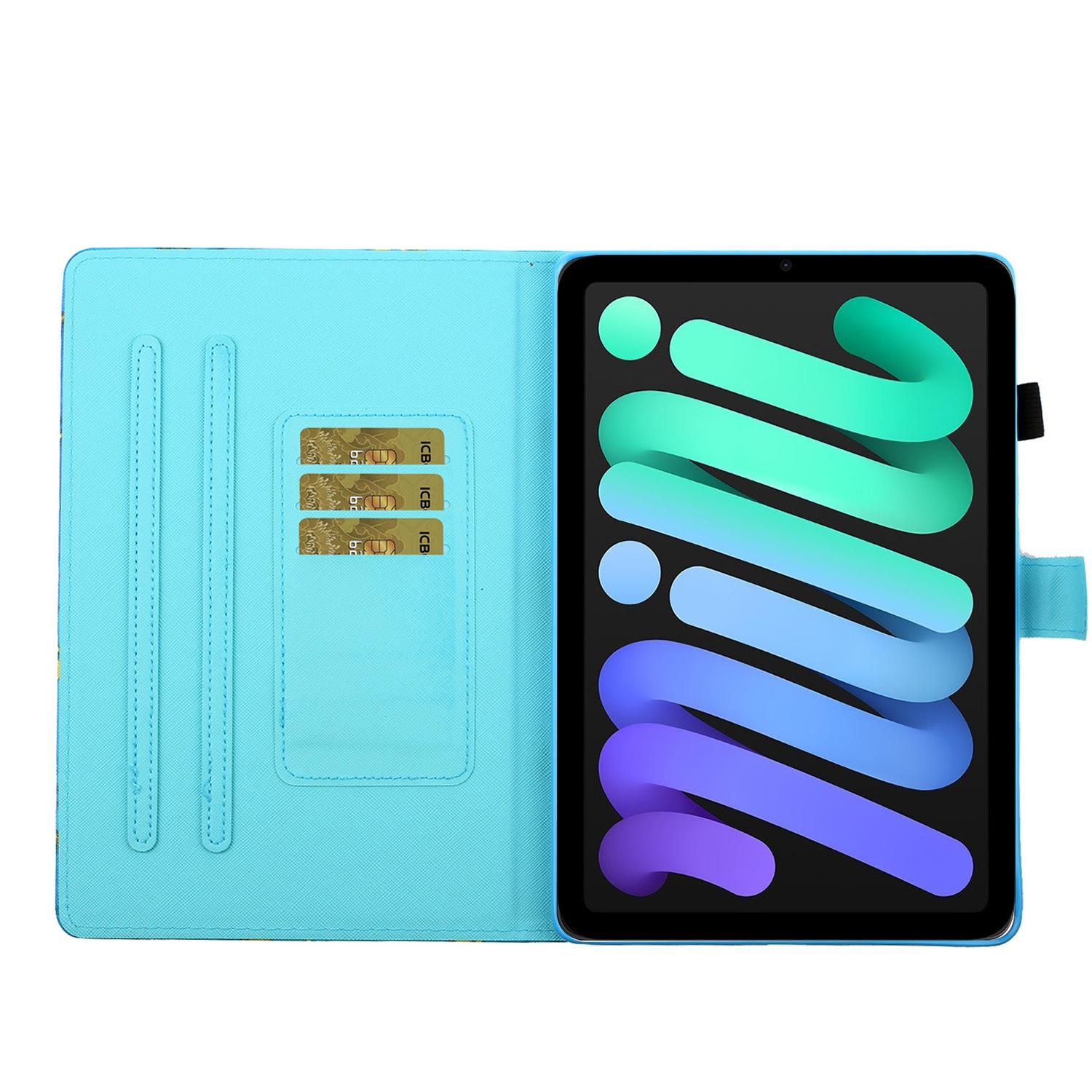 Ein iPad Mini in einem blauen Case, offen. Das Case hat Kartenfächer. Der Hintergrund ist weiß.