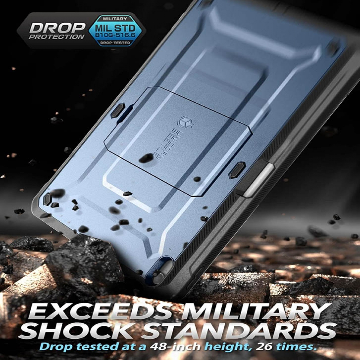 Eine Handyhülle mit metallisch blauem Design. Der Text lautet 'Exceeds Military Shock Standards' und 'Drop tested'.