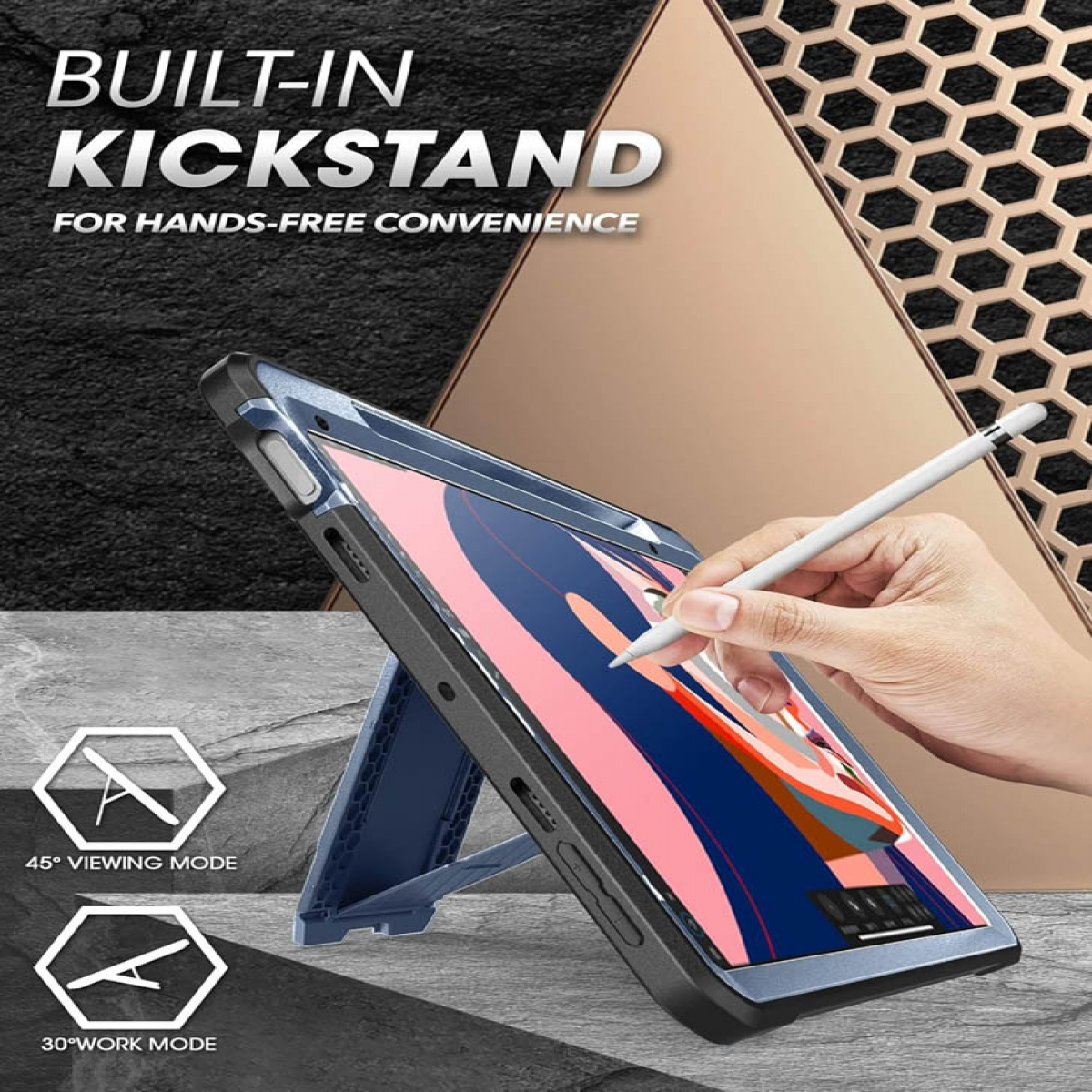 Tablet in einer Hülle mit Ständer, Hand mit Stift. 45- und 30-Grad-Anzeigemodi.
