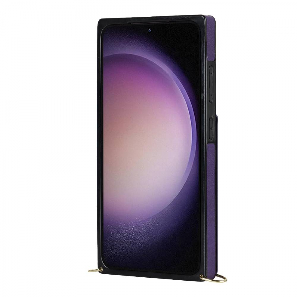 Ein schwarzes Telefon mit lila Rückseite in einer schwarzen Hülle. Es hat einen goldenen Riemen.