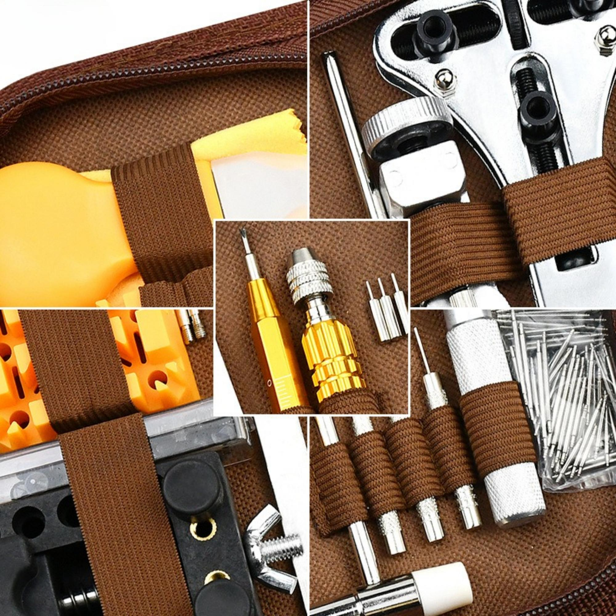 Nahaufnahme von Uhrenreparaturwerkzeugen in einer braunen Tasche. Enthält Riemen und Werkzeuge.