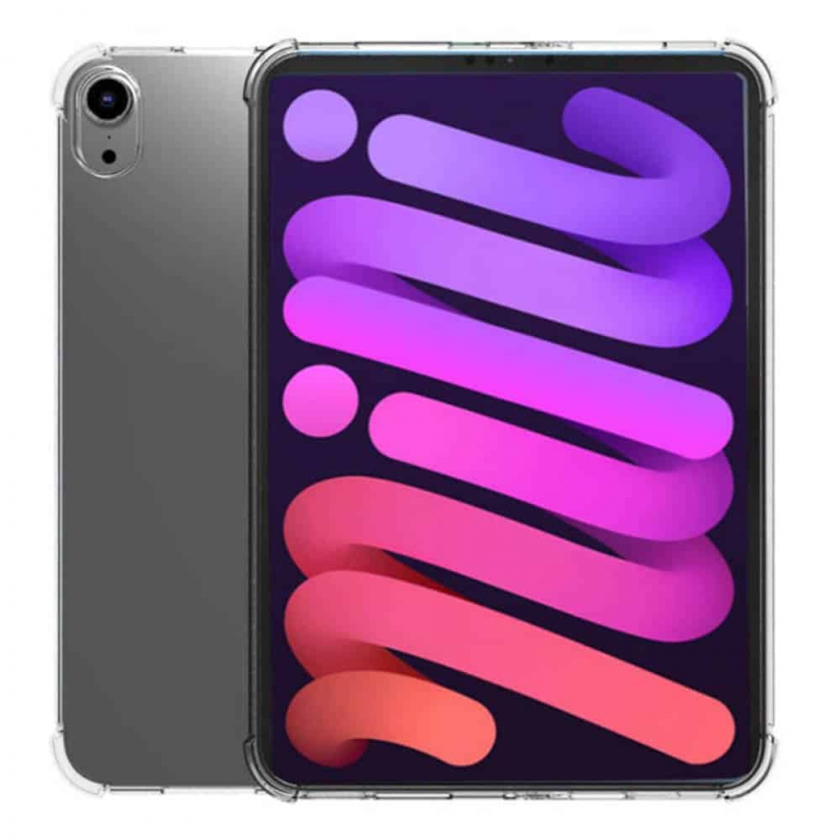 Ein iPad Mini in einer transparenten Hülle, das ein farbenfrohes Hintergrundbild und die Rückkamera zeigt.