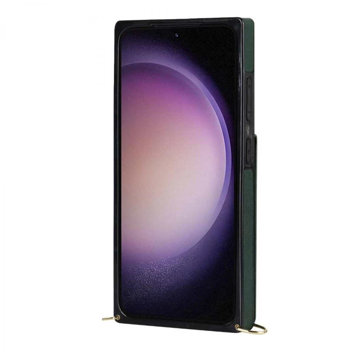 Ein Smartphone in einer dunkelgrünen Hülle mit Riemen, abgewinkelt zur Anzeige.