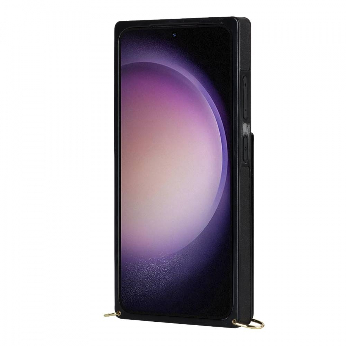Schwarzes Telefon in einer Hülle mit goldener Kette, das den Bildschirm auf weißem Untergrund zeigt.