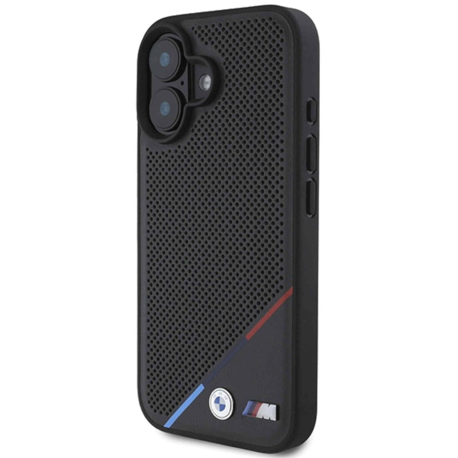 Una custodia per telefono nera con logo BMW e design perforato. Ha strisce rosse e blu su un lato.