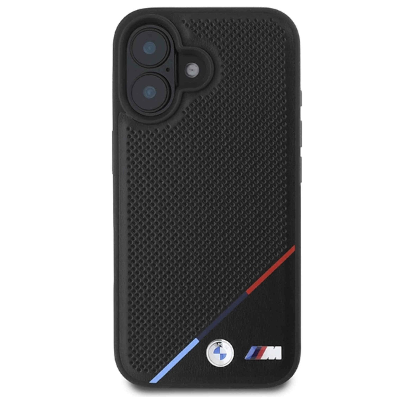 Custodia per telefono nera con design strutturato, logo BMW e dettagli colorati.