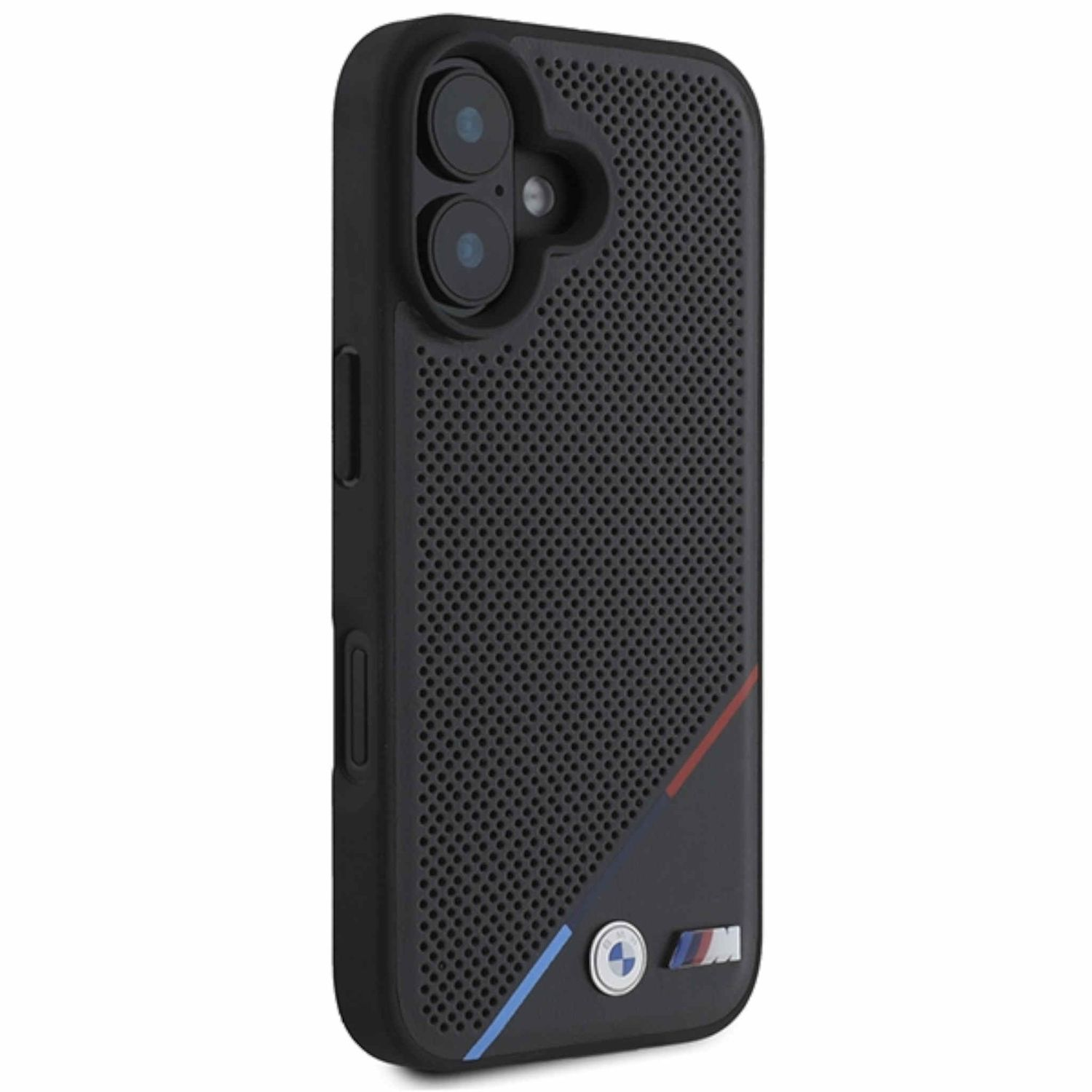 Custodia per telefono nera con logo BMW e design a rete. Con ritagli per fotocamera e pulsanti laterali.