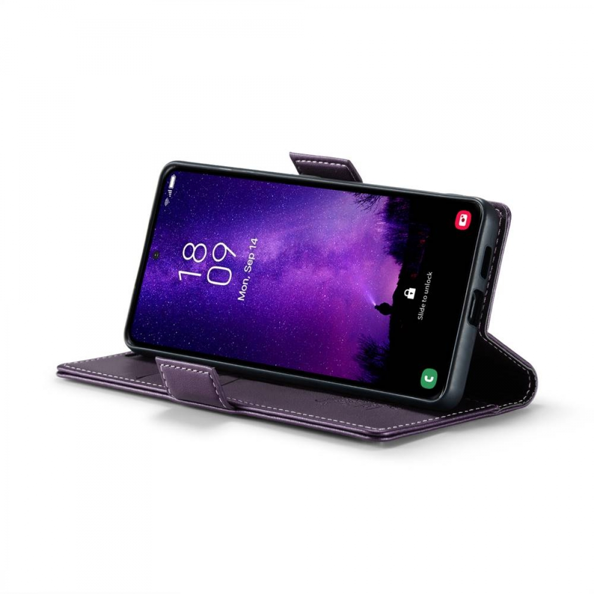 Eine lila Handyhülle, die ein schwarzes Smartphone mit Datum hält.