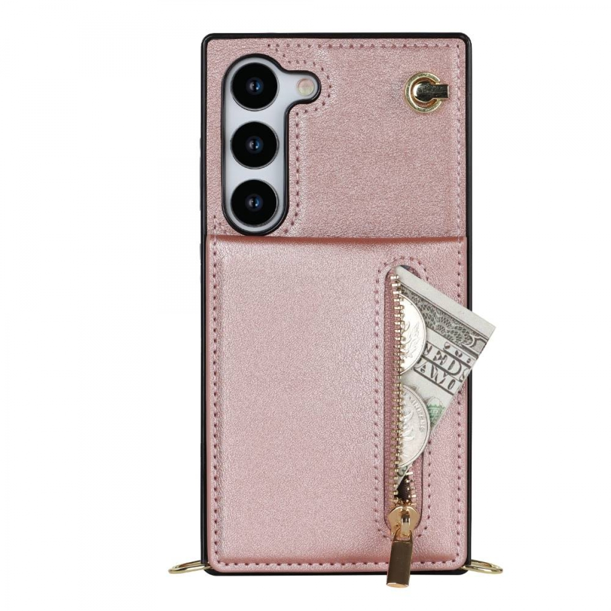 Eine rosa Handyhülle mit Kartenfach, Reißverschlusstasche und Riemen.