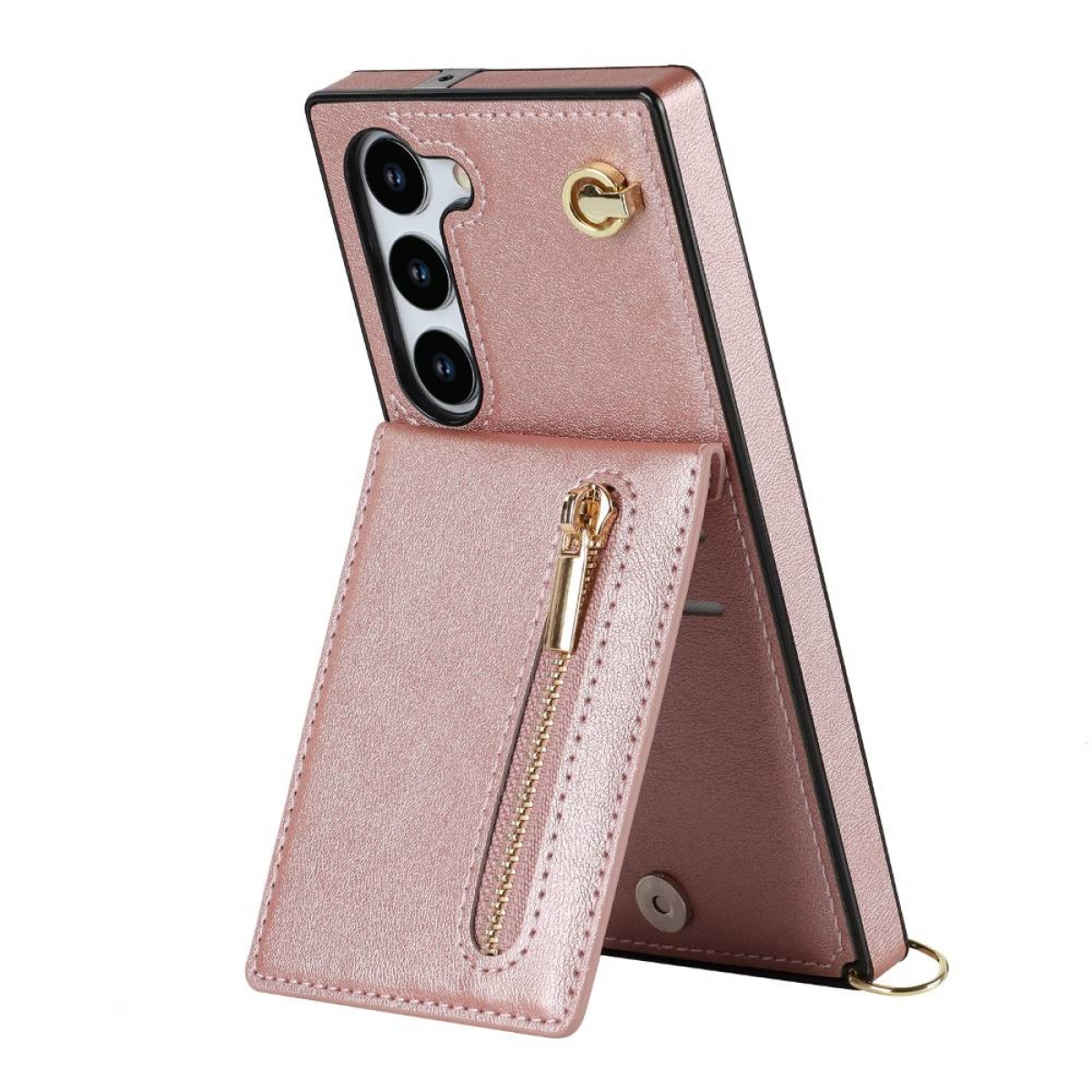Eine rosa Handyhülle mit Geldbörse, goldenem Reißverschluss und Telefon auf weißem Hintergrund.