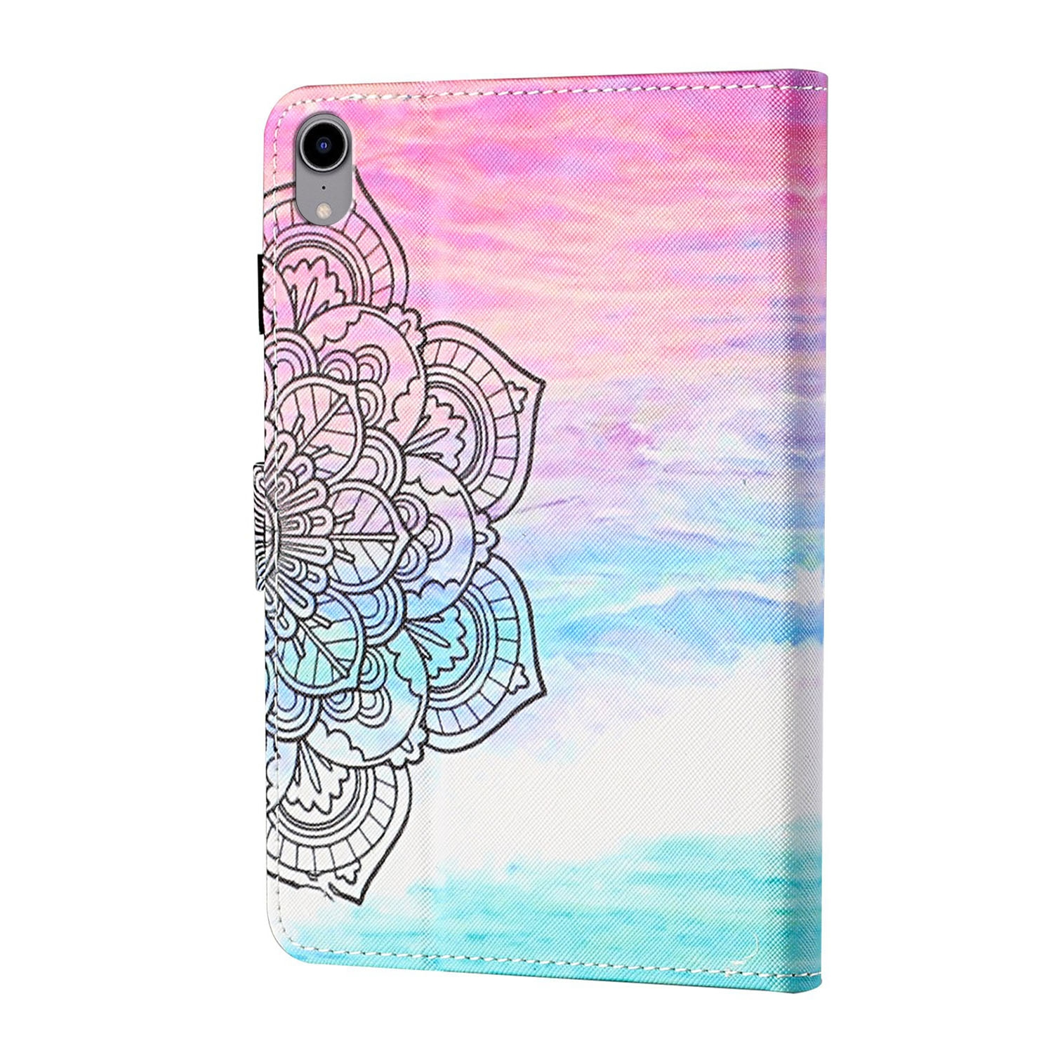 iPad-Hülle mit Mandala-Design auf pink/blauem Aquarellhintergrund.