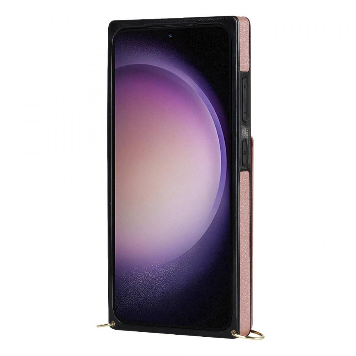 Ein schwarzes Smartphone in einer rosa Lederhülle. Das Telefon wird von der Seite gezeigt. Die Hülle ist geschlossen.