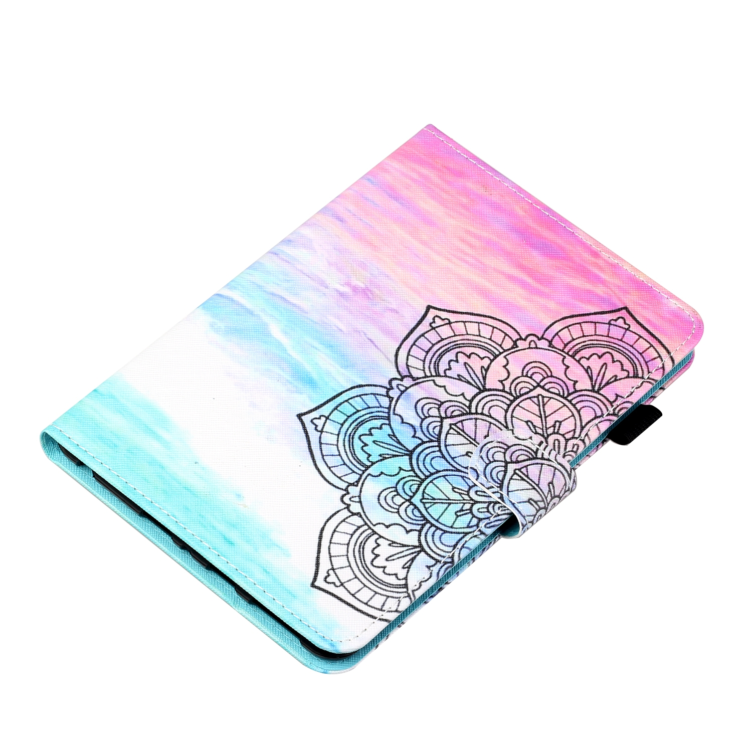 Tablethülle. Pastellblaues und rosa Marmordesign mit Mandala-Muster.