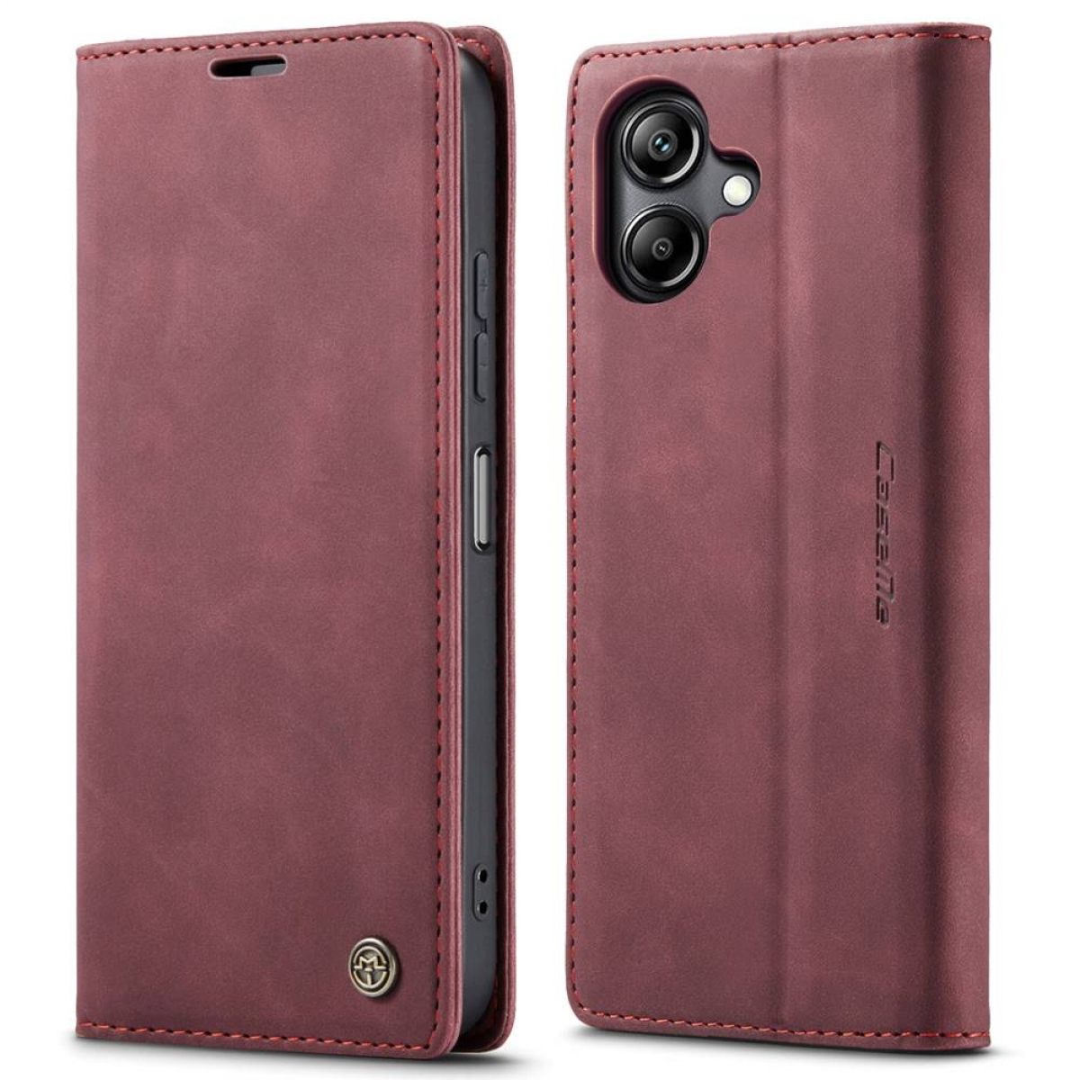 Rotbraune Leder-Handyhülle mit Telefon.