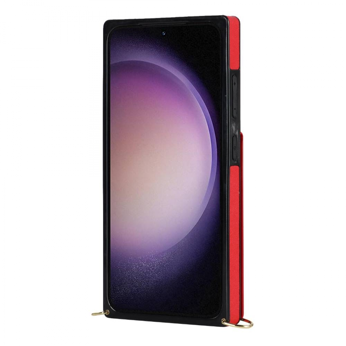 Schwarze und rote Handyhülle mit Telefon, an goldenem Band hängend.