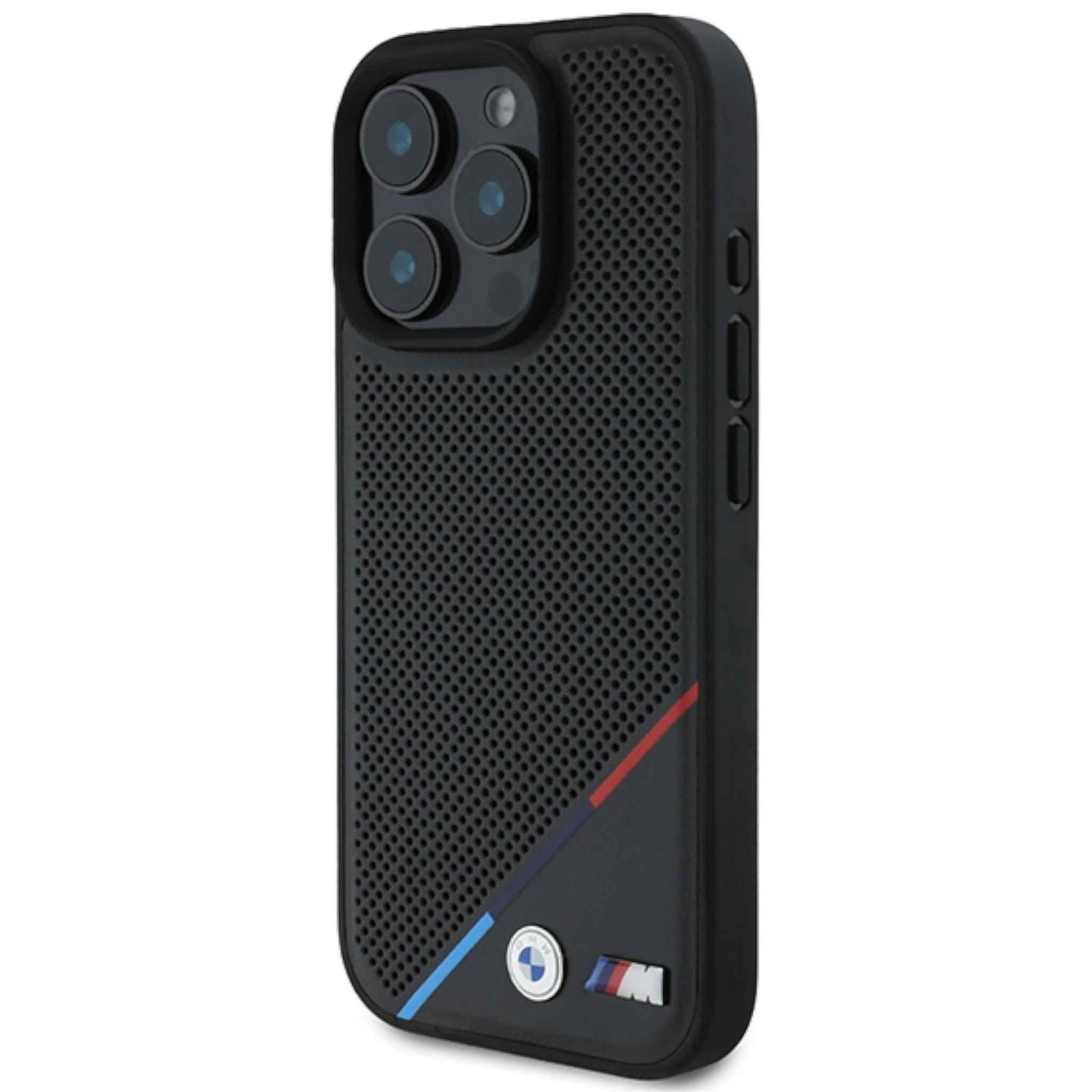 Custodia nera per telefono con retro strutturato, logo BMW e obiettivi fotocamera. Design a strisce rosse e blu.
