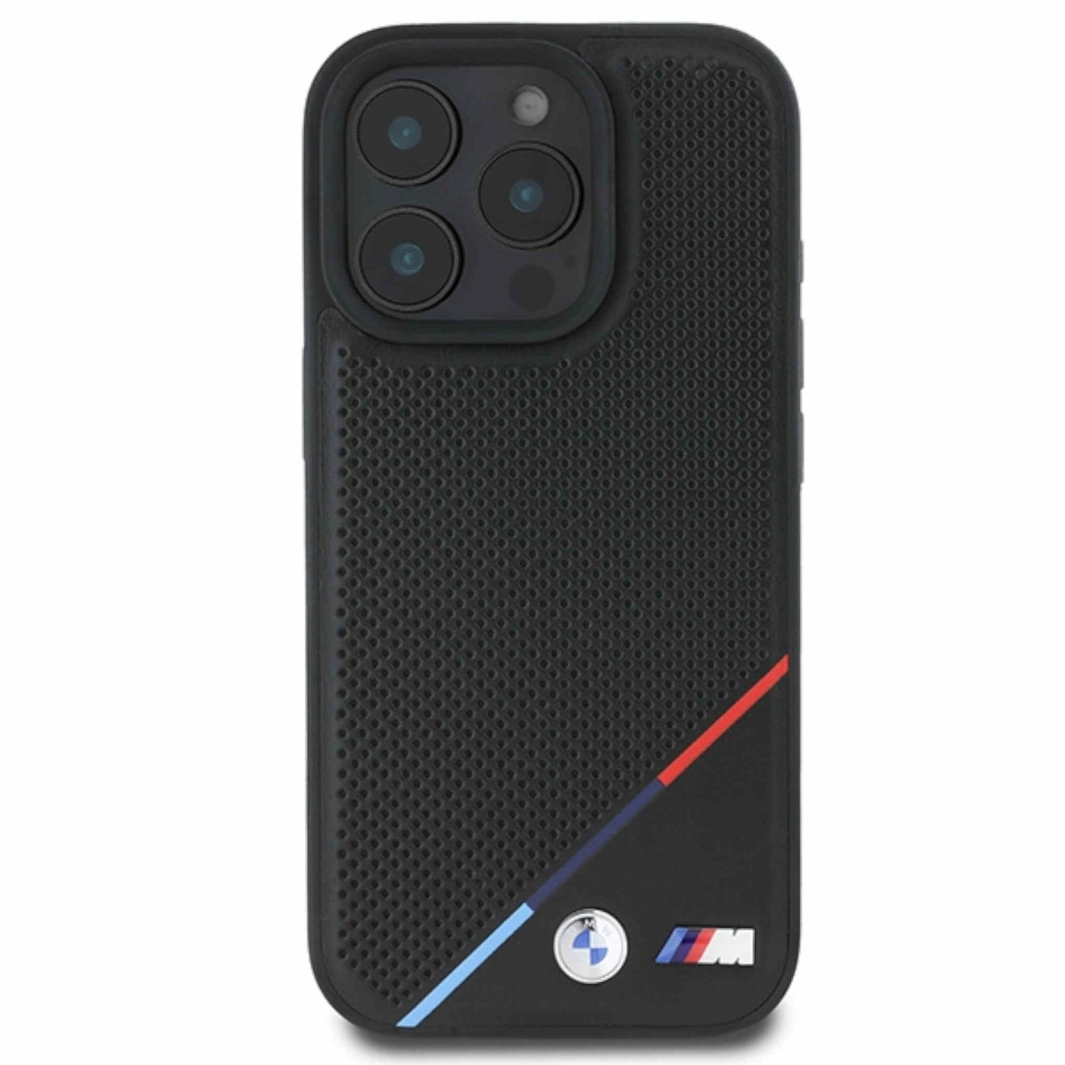 Custodia per telefono nera con loghi BMW e M. Design perforato con linee blu e rosse.