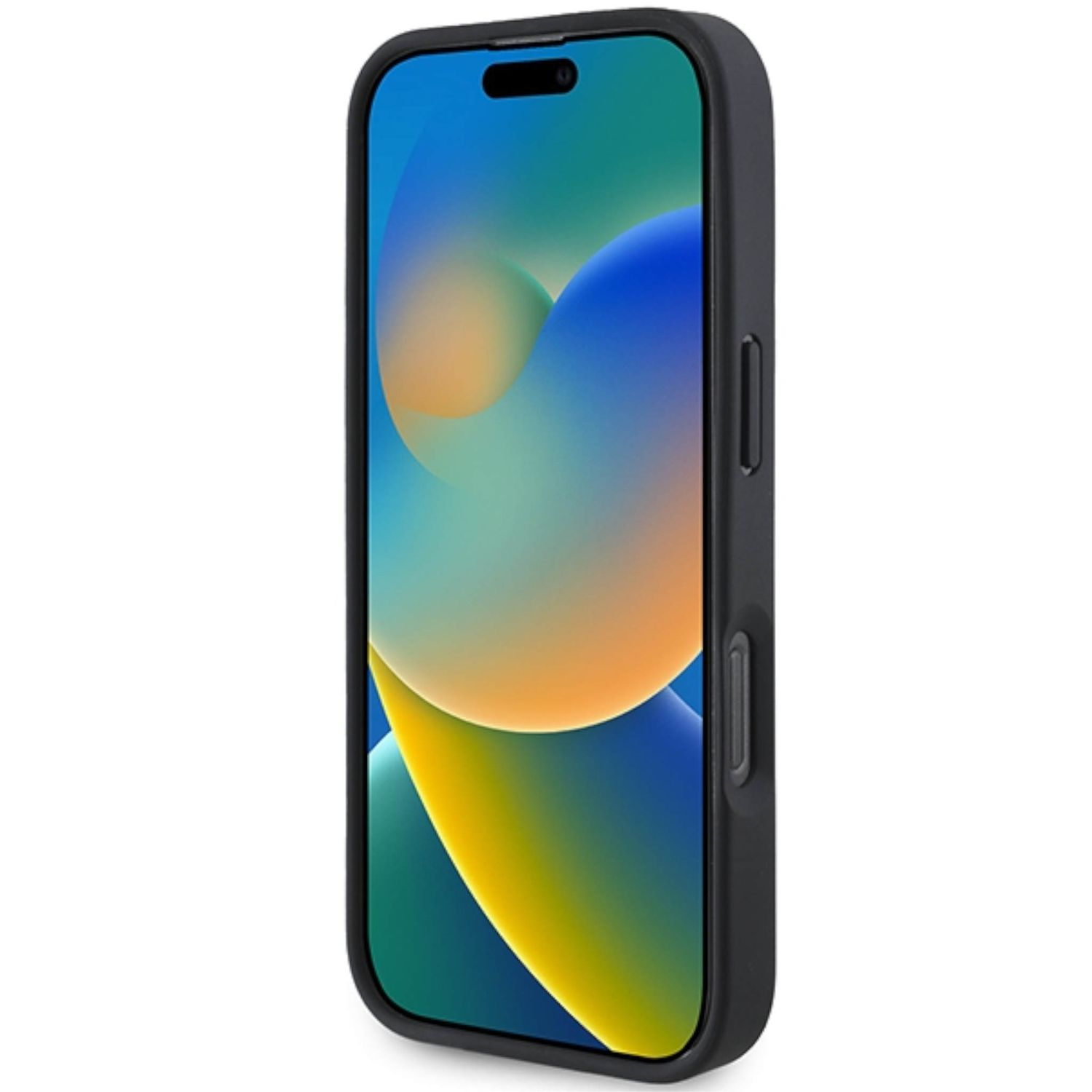 Custodia per telefono nera su sfondo bianco. La custodia ha i lati neri e un'immagine di sfondo colorata.