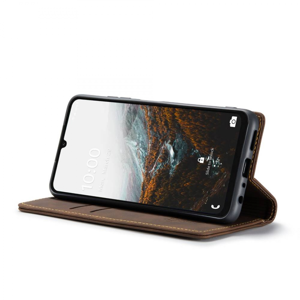Telefon auf brauner Hülle, zeigt den Bildschirm mit Bergpanorama.