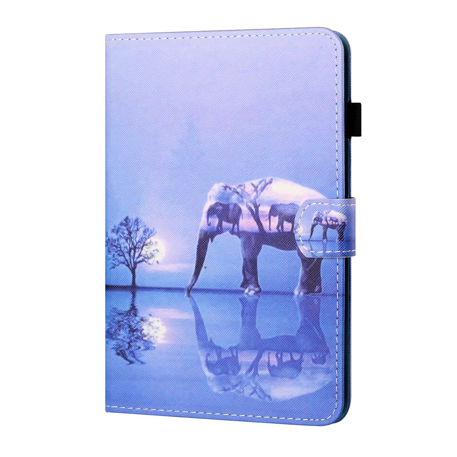 Tablet-Hülle mit Elefanten-Silhouette, Baum und Wasserspiegelung.