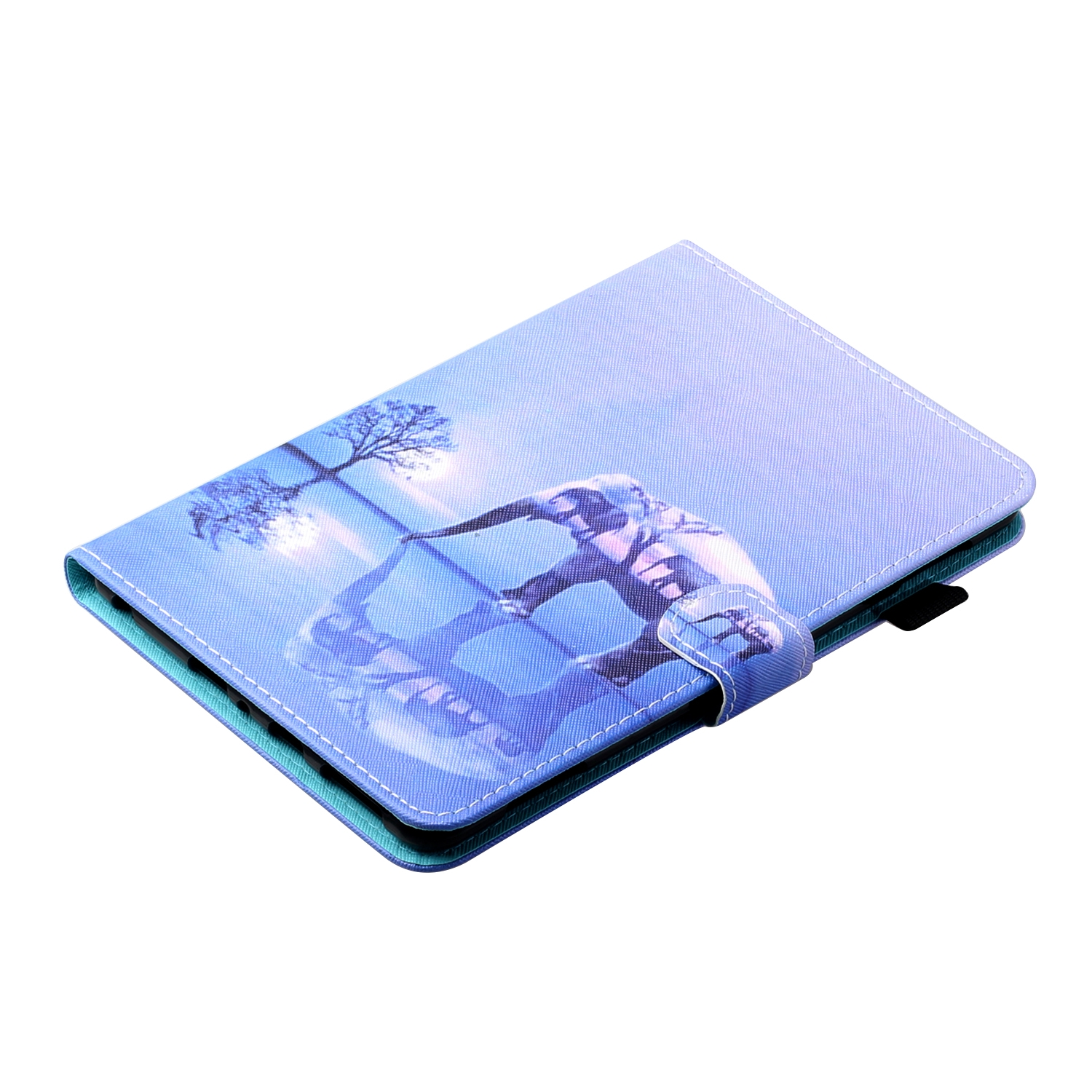 Eine Tablet-Hülle mit einer Szene mit blauem Himmel und einer Silhouette. Die Hülle ist weiß genäht.