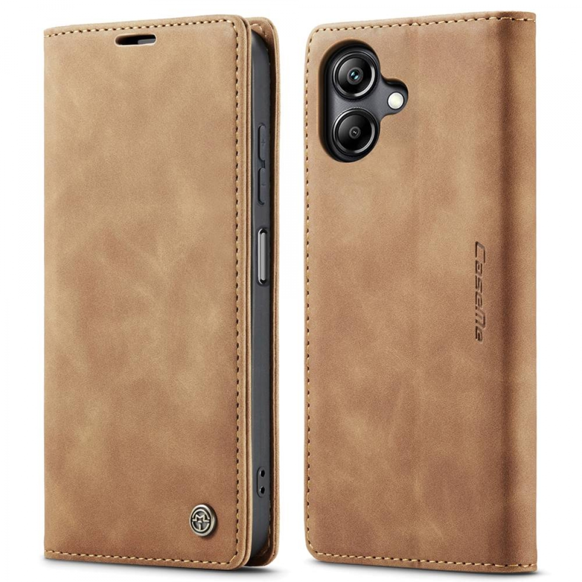 Zwei Handyhüllen. Eine geschlossen mit braunem Leder außen. Die andere offen mit Handy und braunem Innenraum.