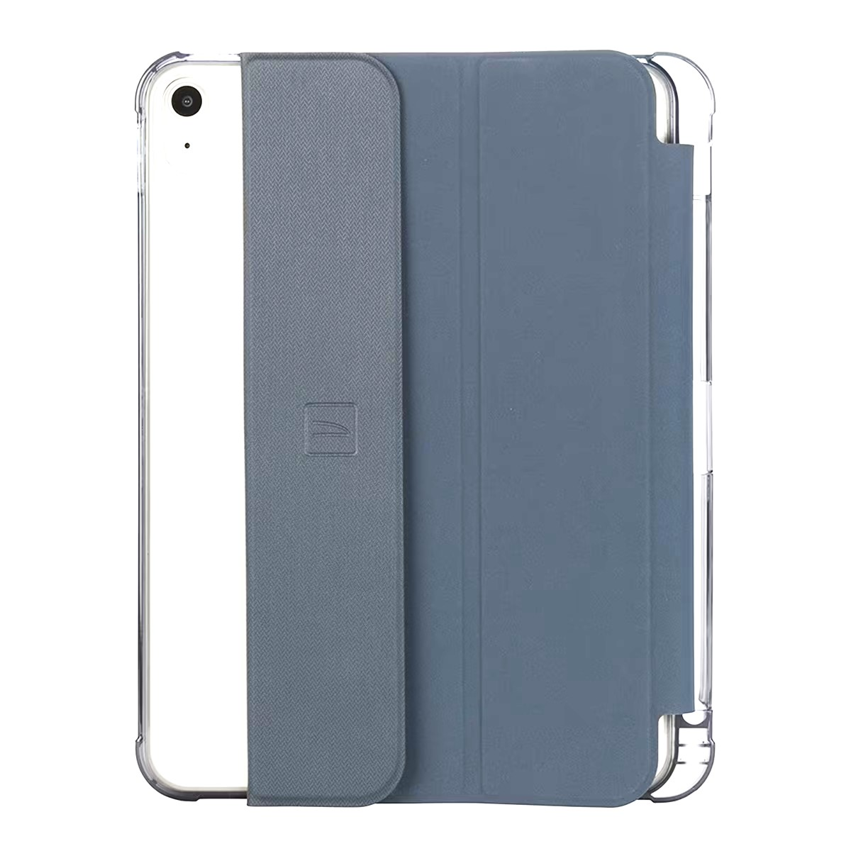 iPad en una funda gris. Pantalla blanca del iPad. Cubierta gris plegada.