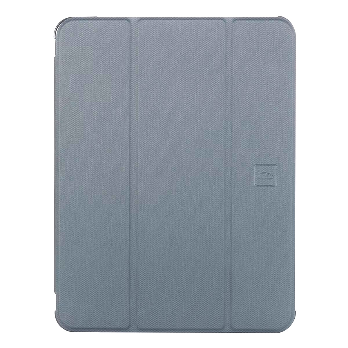 Una funda gris para tableta con un logotipo sobre un fondo blanco.