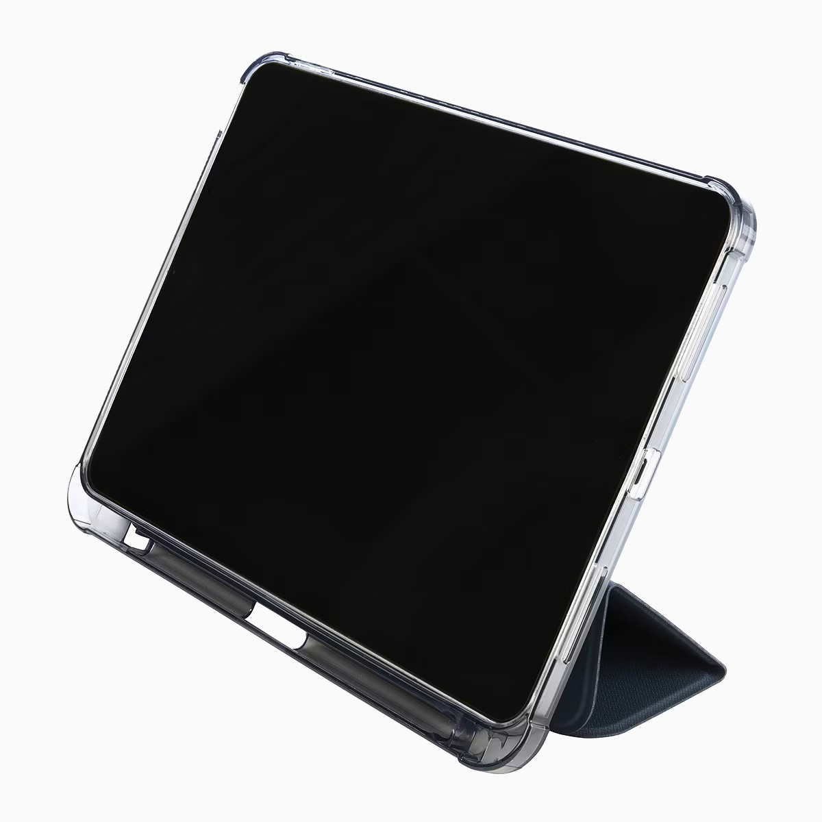 Una tableta en una funda transparente con un soporte se muestra sobre un fondo blanco.