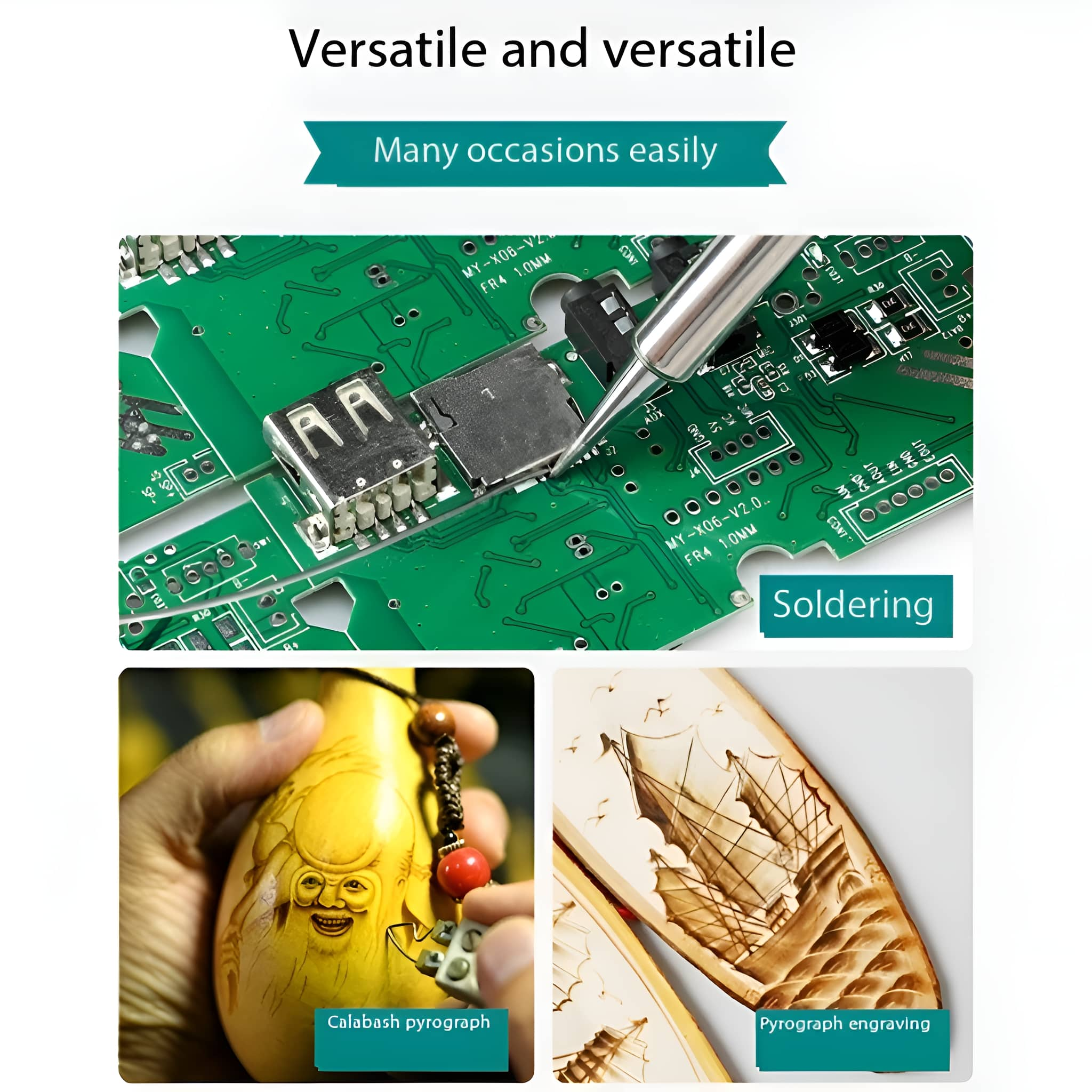 Bild zeigt Löten, Kürbis-Pyrographie und Pyrograph-Gravur. Text: Vielseitig und vielseitig.