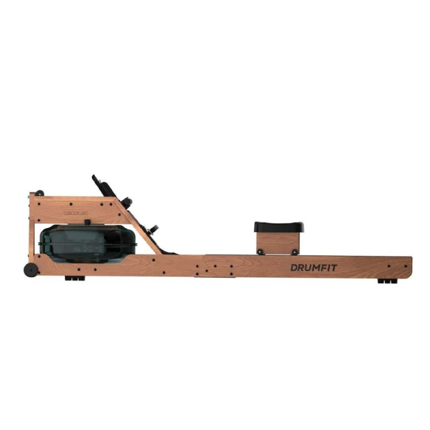 Rematore in legno. Marrone con sedile e serbatoio dell'acqua neri. Sfondo bianco.