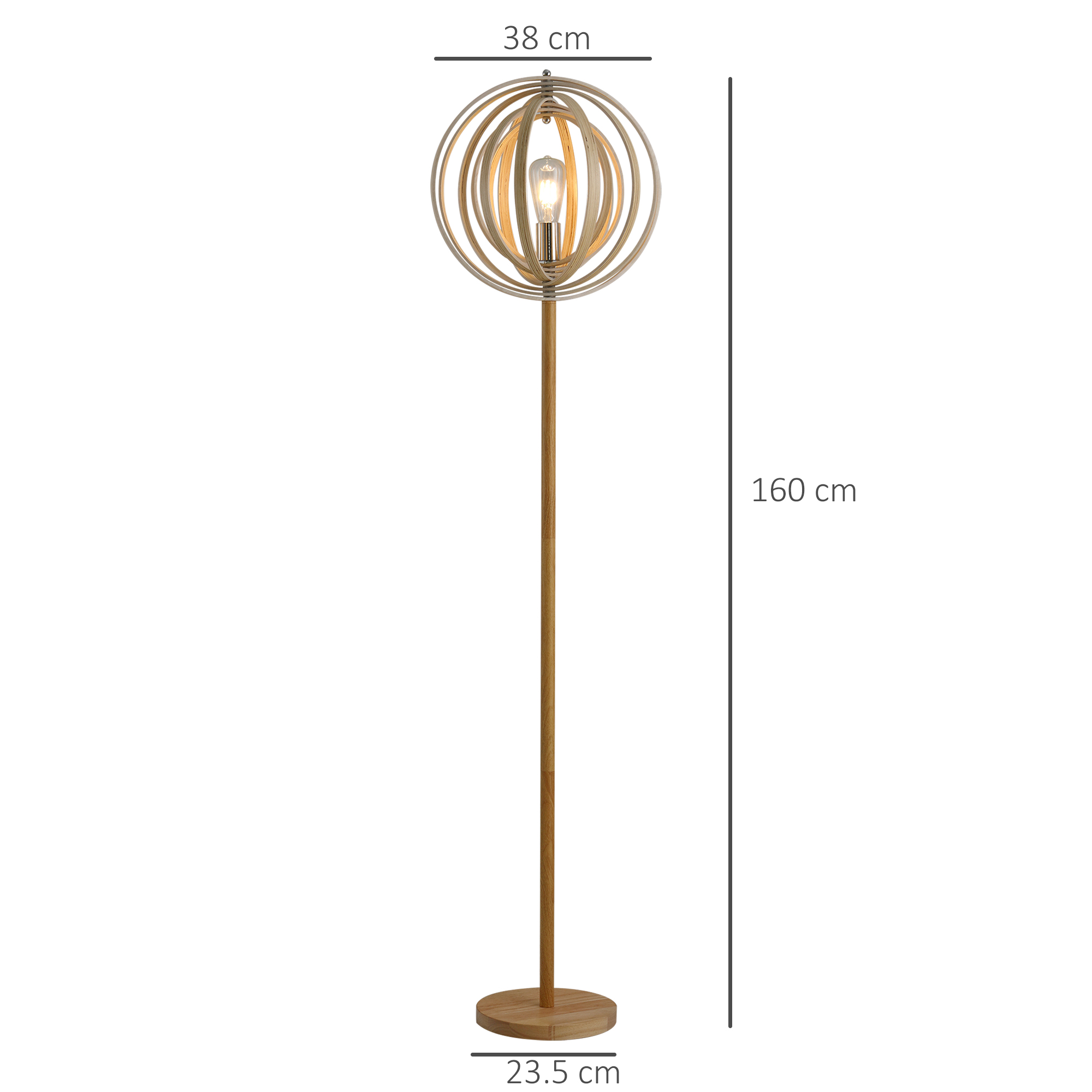 Lampada da terra alta in legno con paralume circolare a globo. Dimensioni visibili.