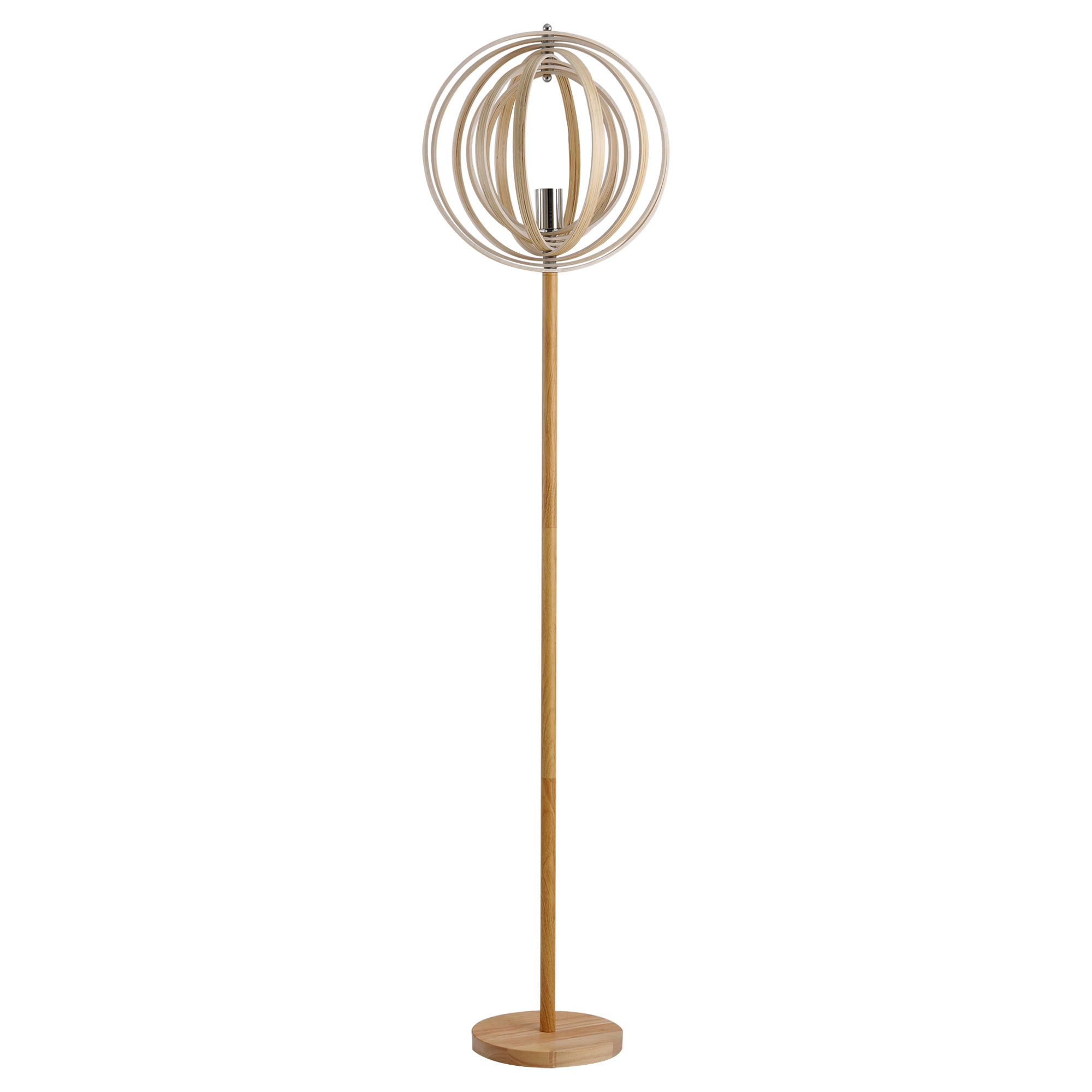 Lampada da terra in legno, con paralume circolare a strati e base in legno. In piedi da sola.