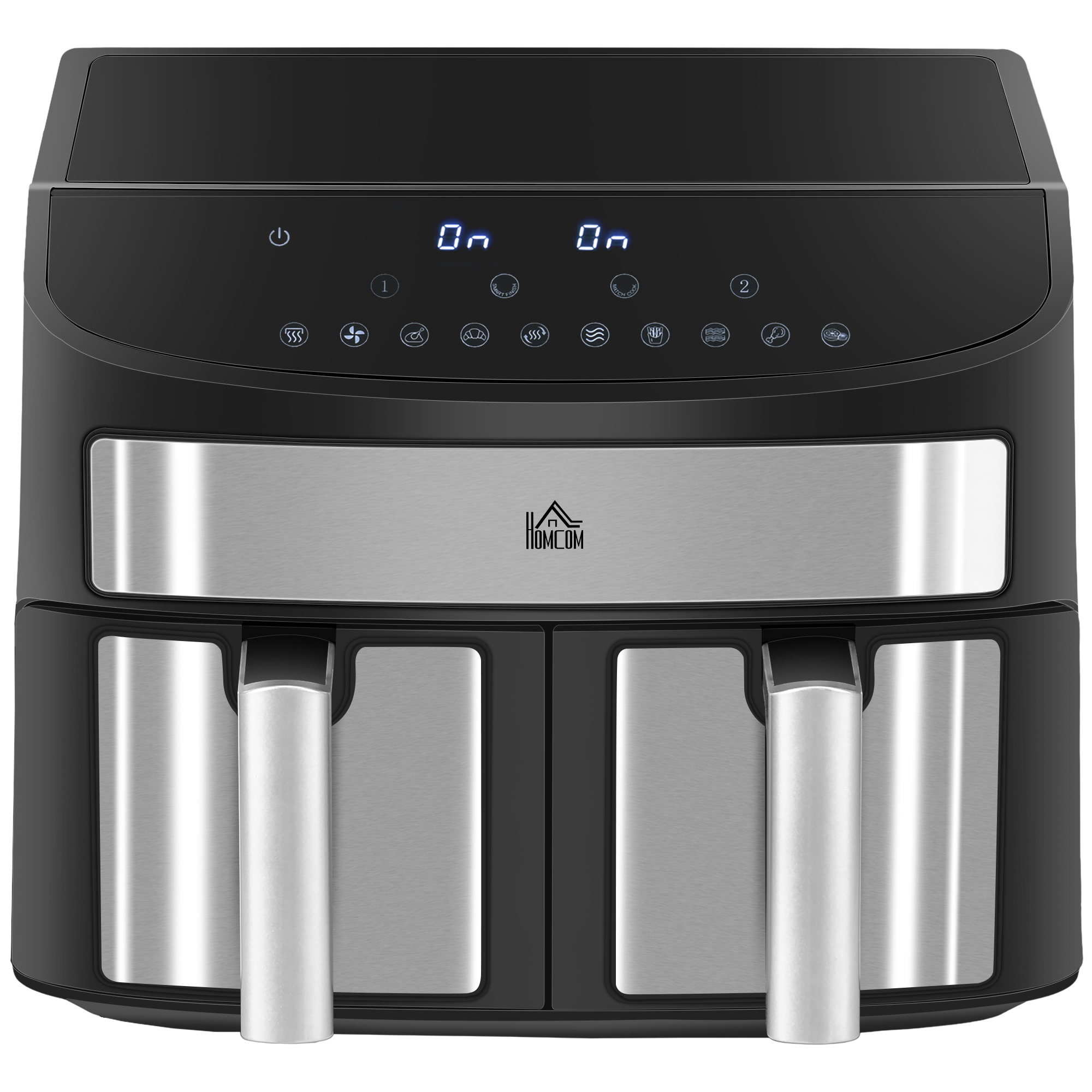 Friggitrice ad aria nera con doppi cestelli, display digitale e maniglie argentate.