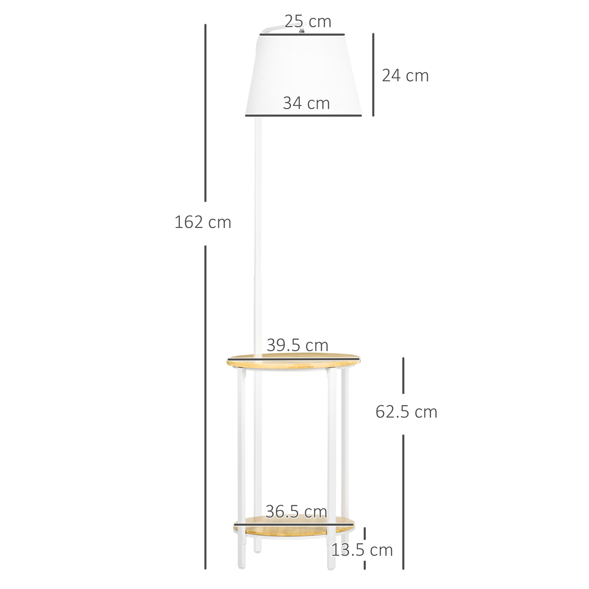Stehlampe mit Tisch und Maßen. Abmessungen sind auf dem Bild angezeigt.