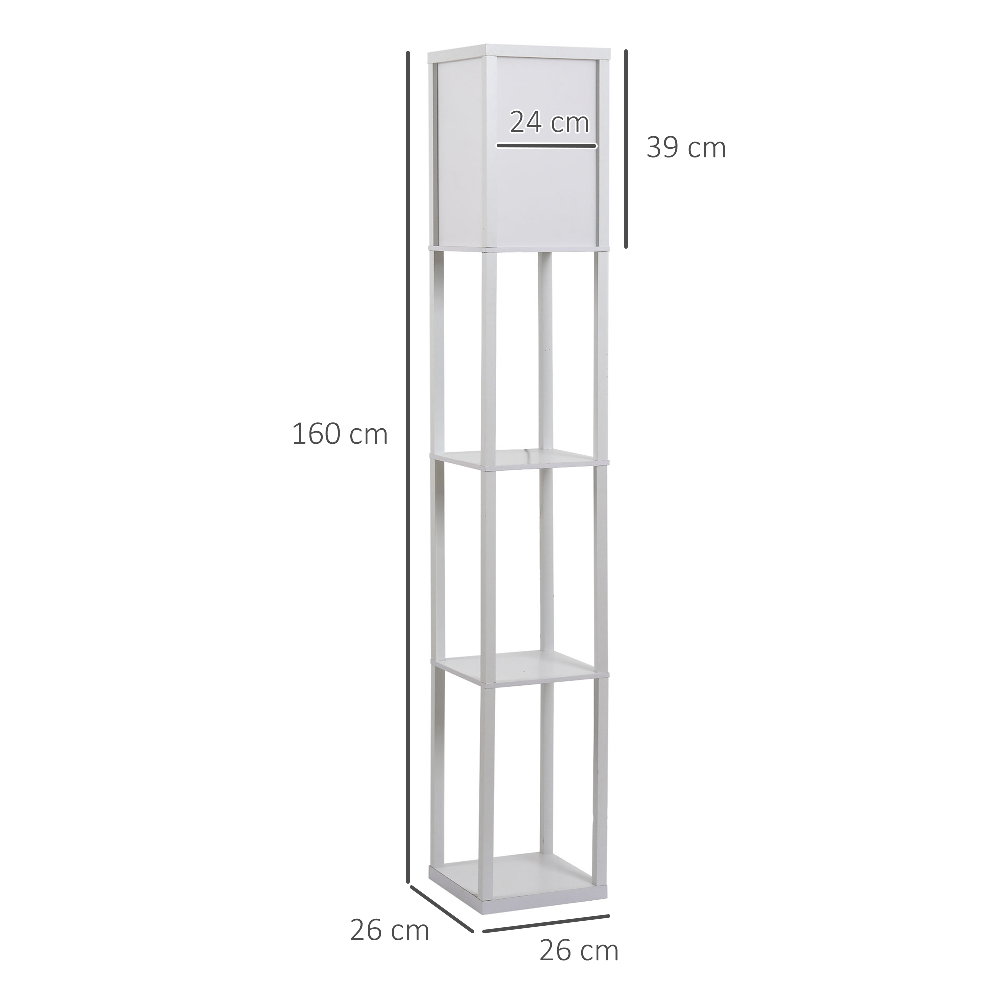 Lampada da terra bianca con ripiani. Dimensioni: 160cm altezza, 26cm base, 24cm larghezza paralume, 39cm altezza.