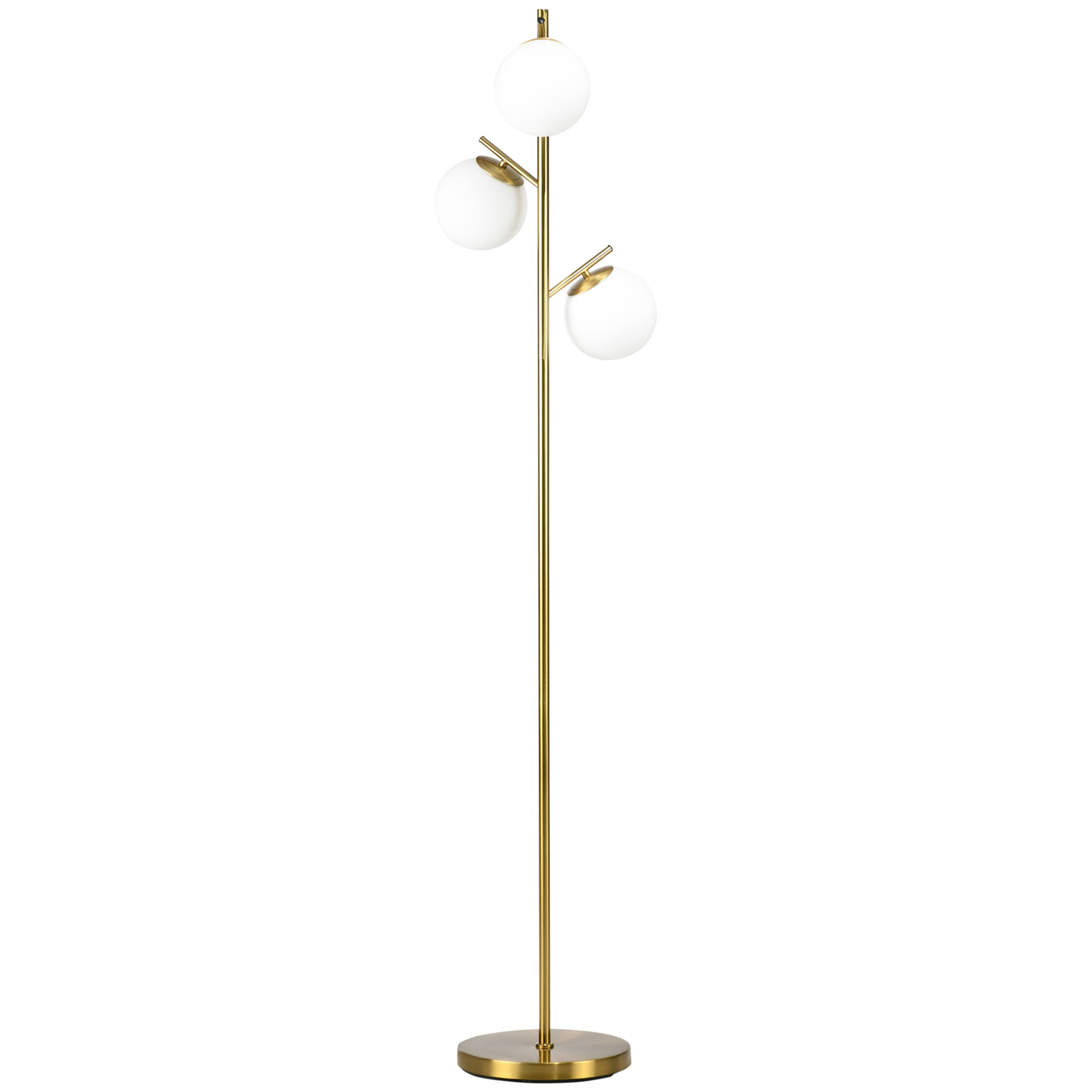 Lampada da terra dorata con tre globi bianchi. Ha una base rotonda.