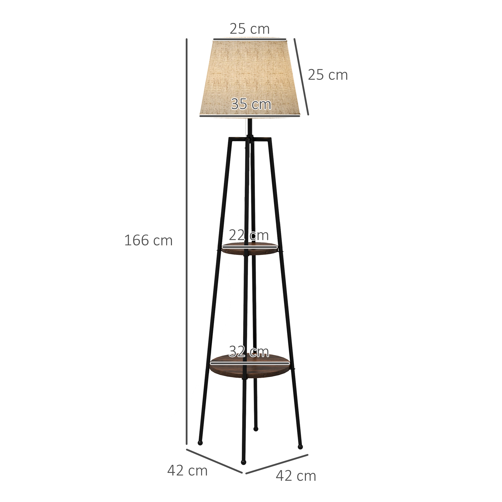 Piantana nera con paralume beige e due mensole in legno. Le misure sono fornite.