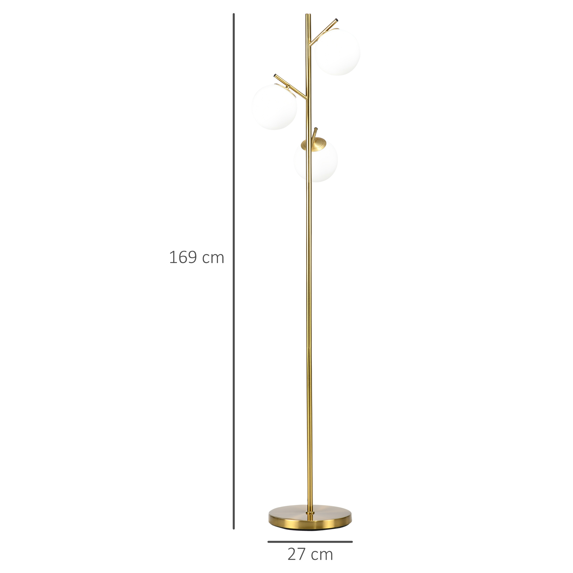 Una lampada da terra dorata con tre luci a globo bianche. È alta, con un'altezza di 169 cm.