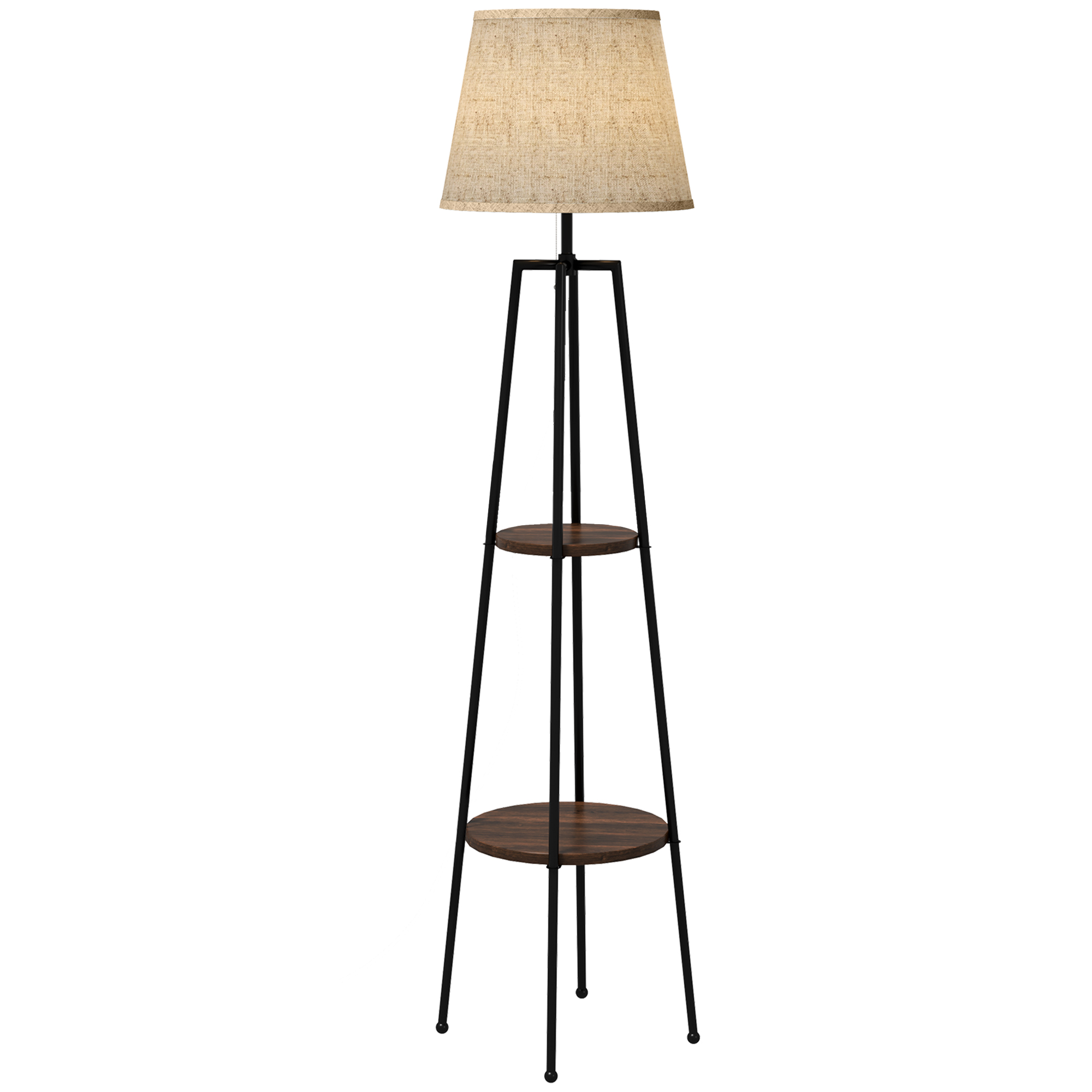 Lampada da terra con mensole e paralume. Struttura in metallo nero.