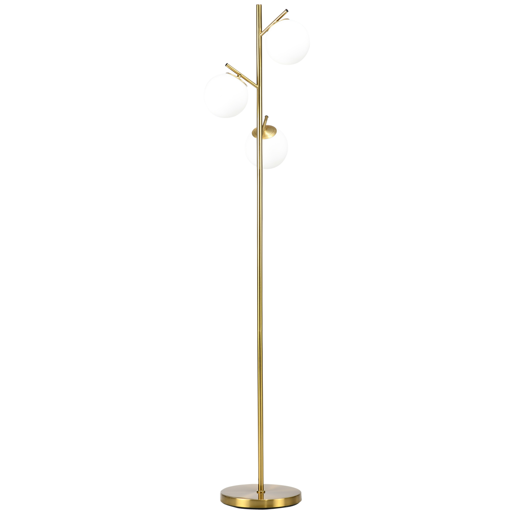 Lampada da terra dorata con tre globi luminosi bianchi su sfondo bianco.