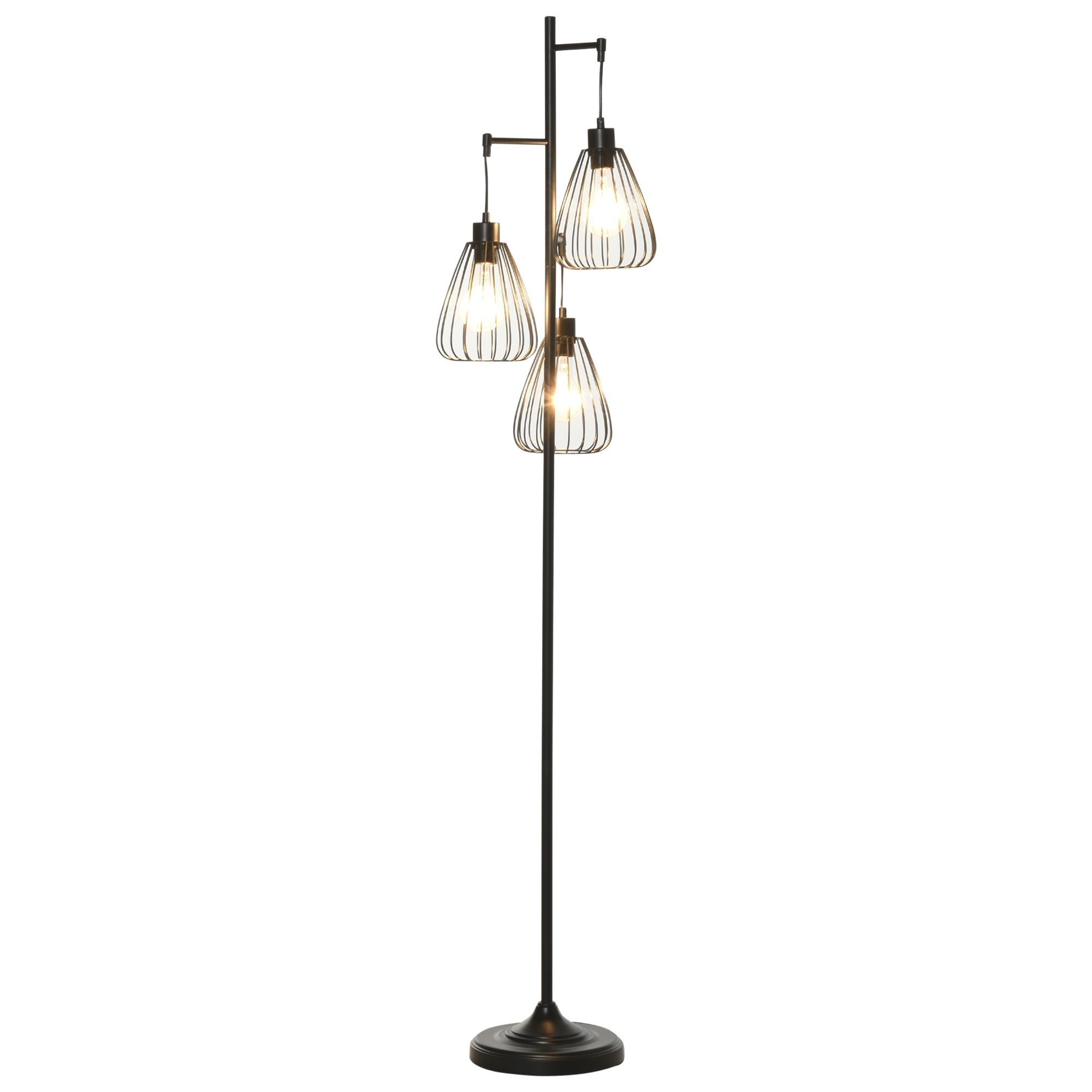 Una lampada da terra con tre lampade a filo. È contro uno sfondo bianco.