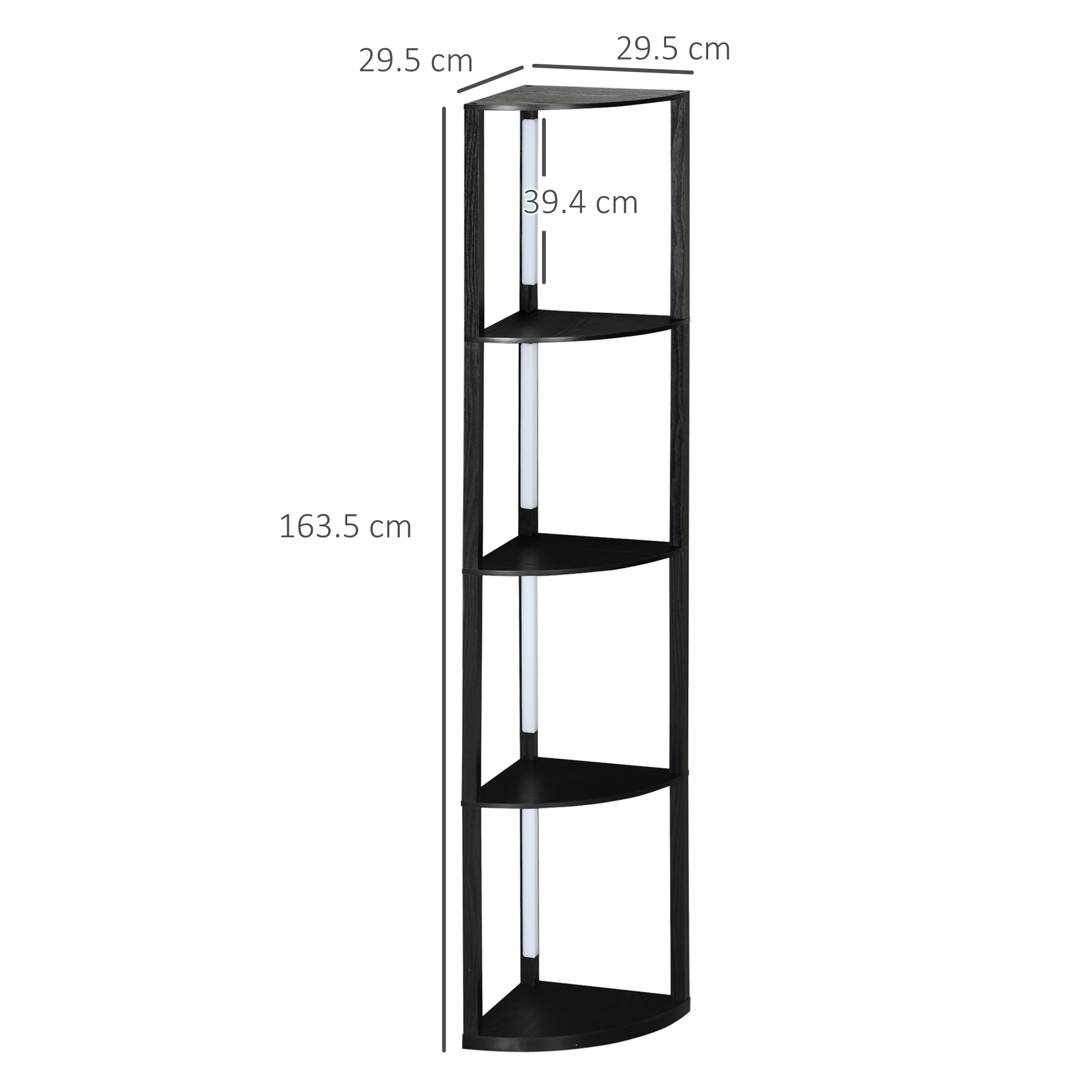 Scaffale angolare nero con cinque ripiani triangolari e pali bianchi.