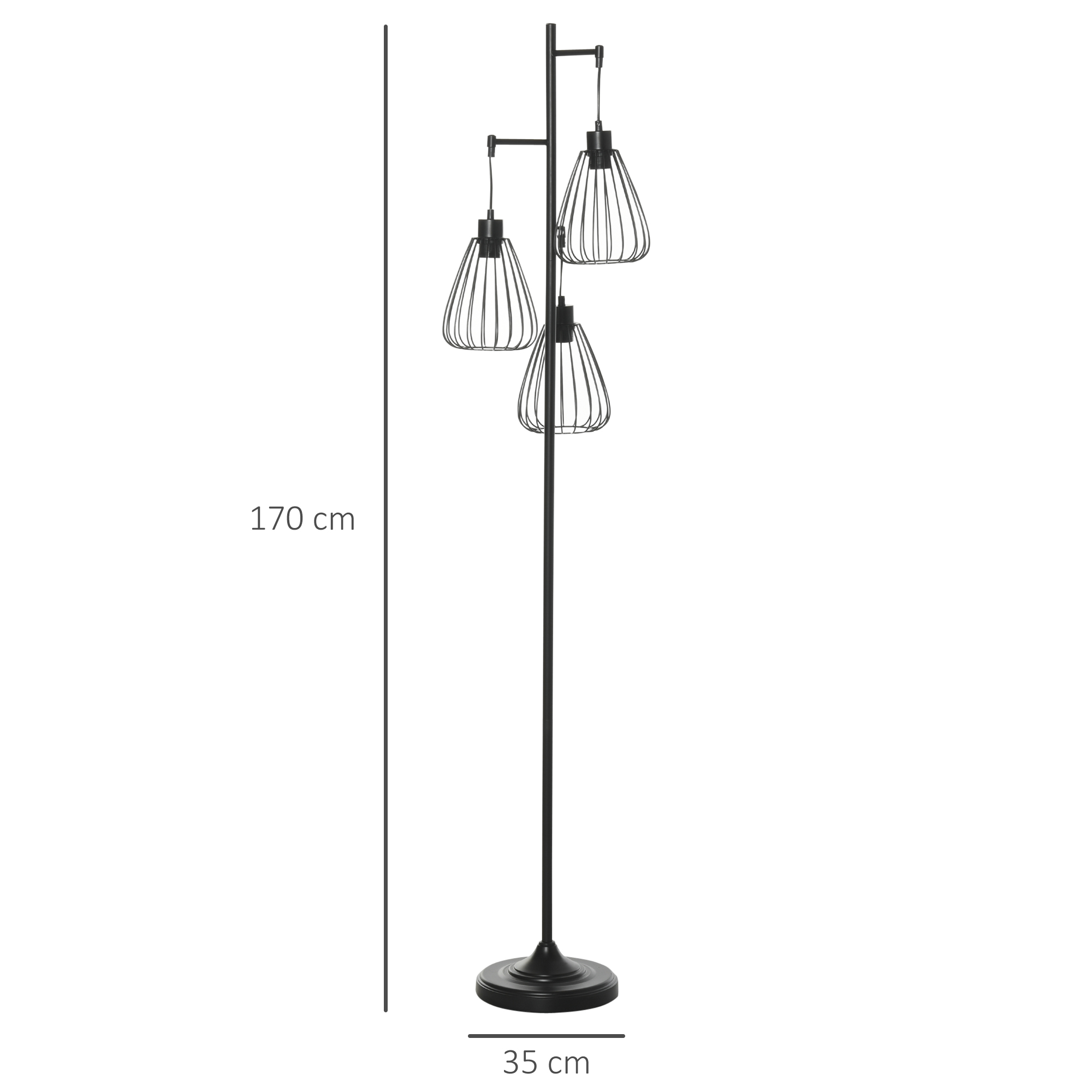 Lampada da terra nera con tre paralumi a gabbia di filo. Dimensioni visibili. Sfondo bianco.
