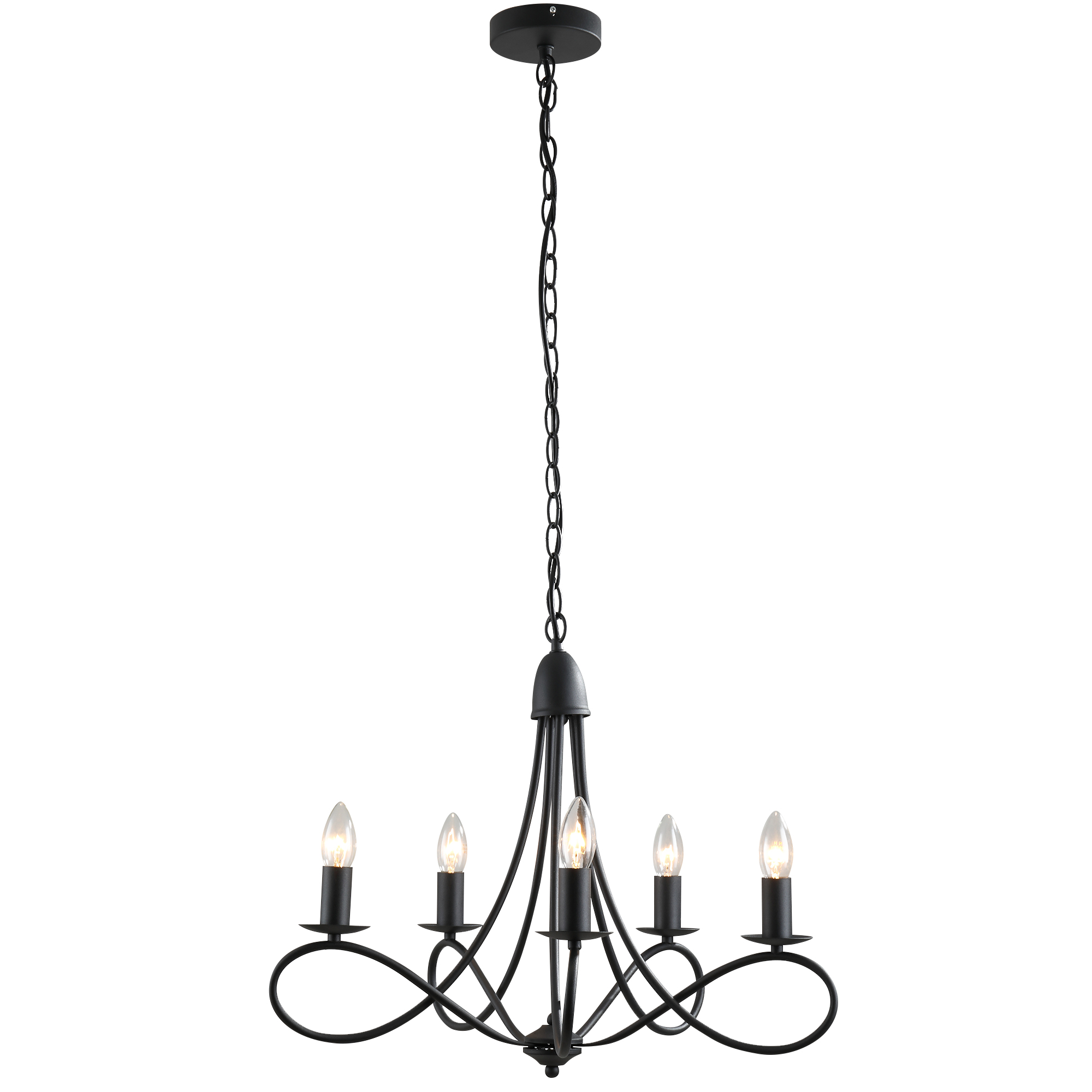 Un lampadario nero con cinque luci a forma di candela e un design decorativo.
