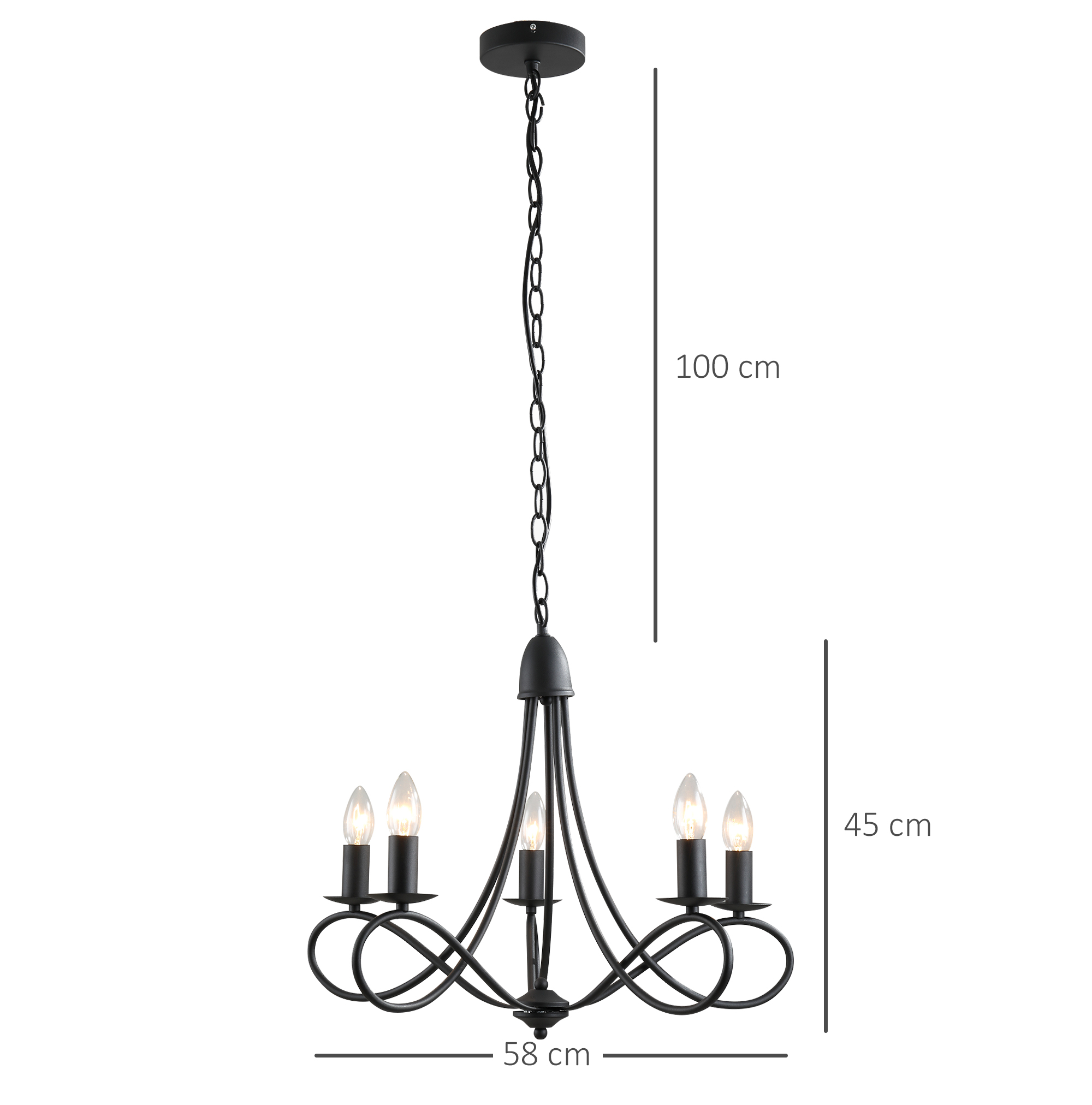 Lampadario nero con 5 luci. Dimensioni: 100 cm lunghezza, 45 cm altezza, 58 cm larghezza.