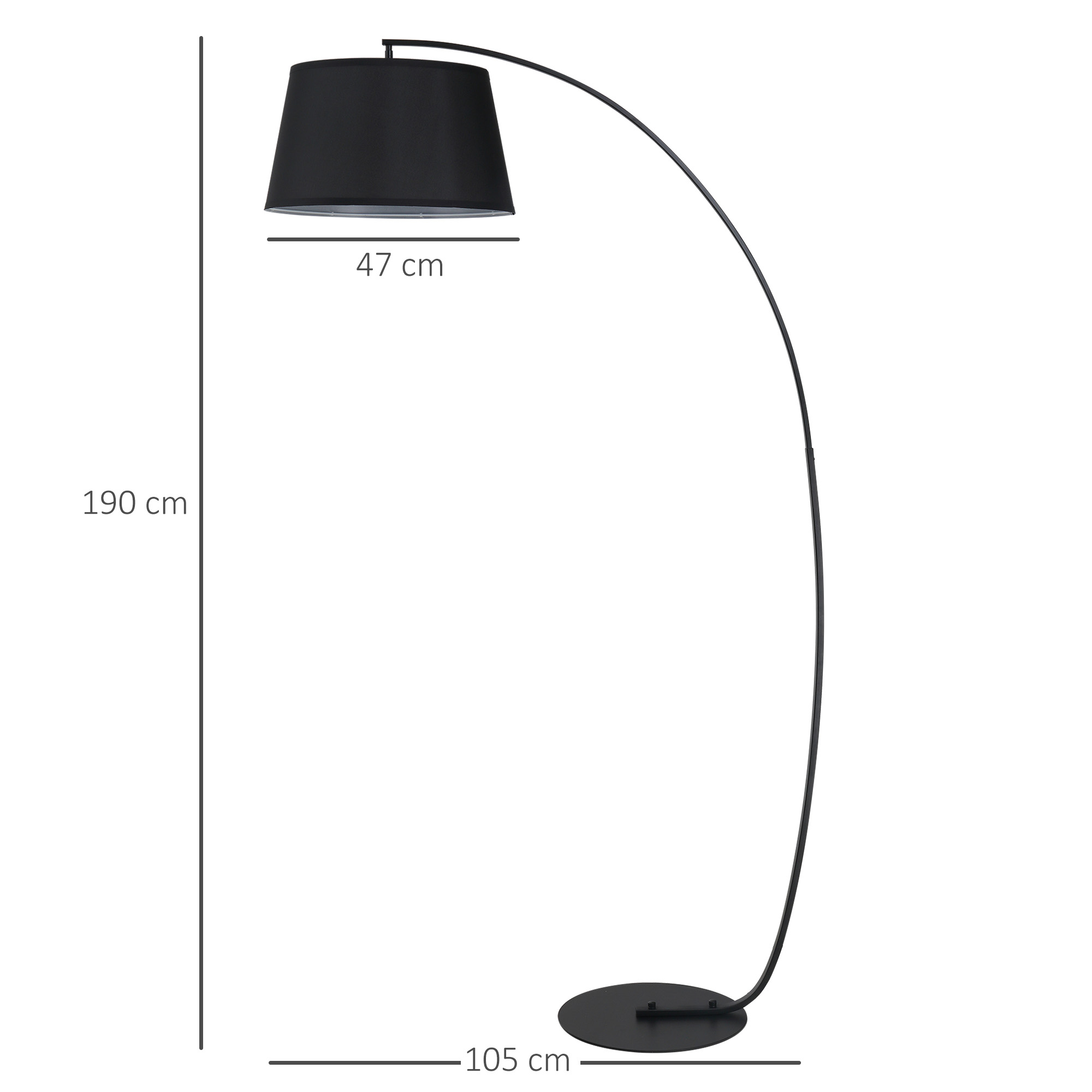 Una lampada da terra ad arco nera con paralume nero e base circolare.